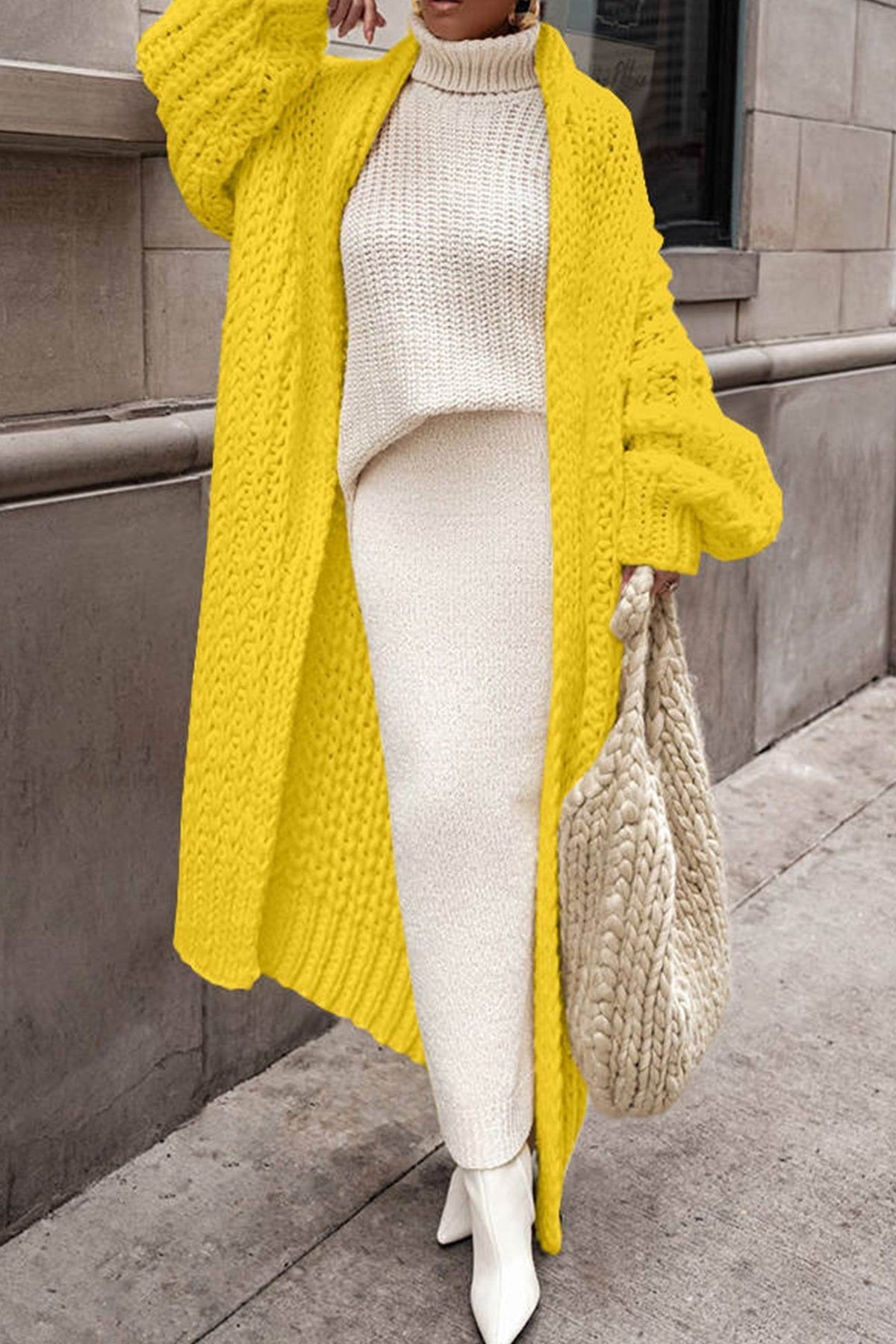 Women's Chunky-Knit Longline Cardigan with Pockets in Yellow - view 8