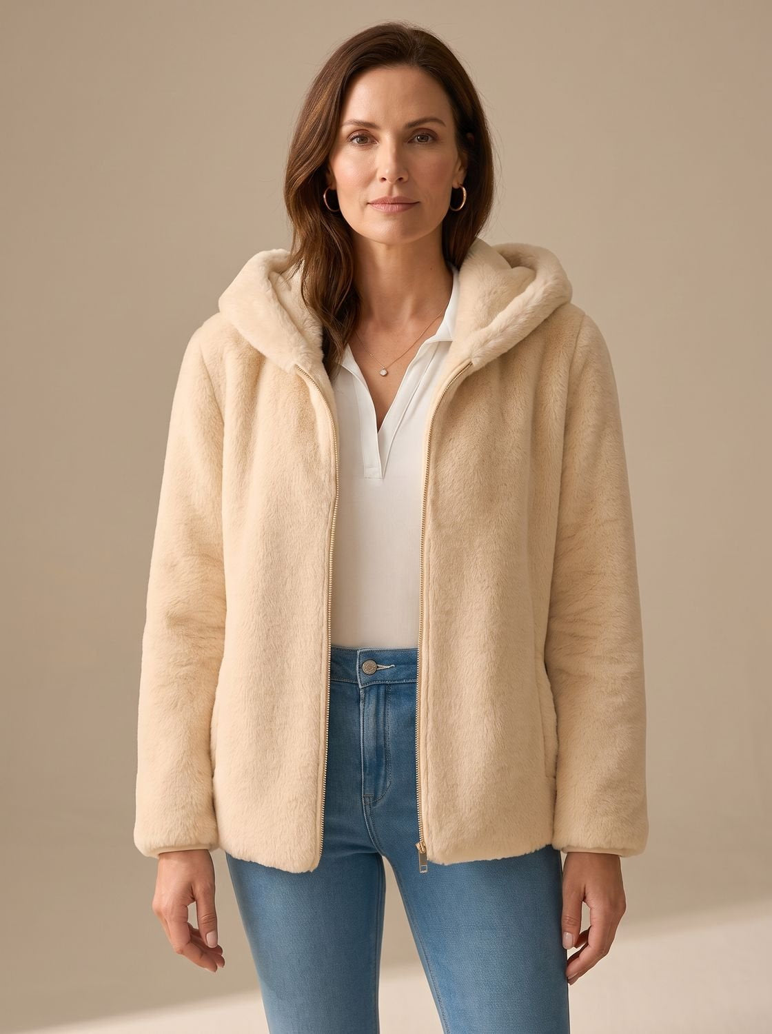 Women's Fleece-Lined Faux-Fur Hood Zip-Up Coat in Light Brown - view 1