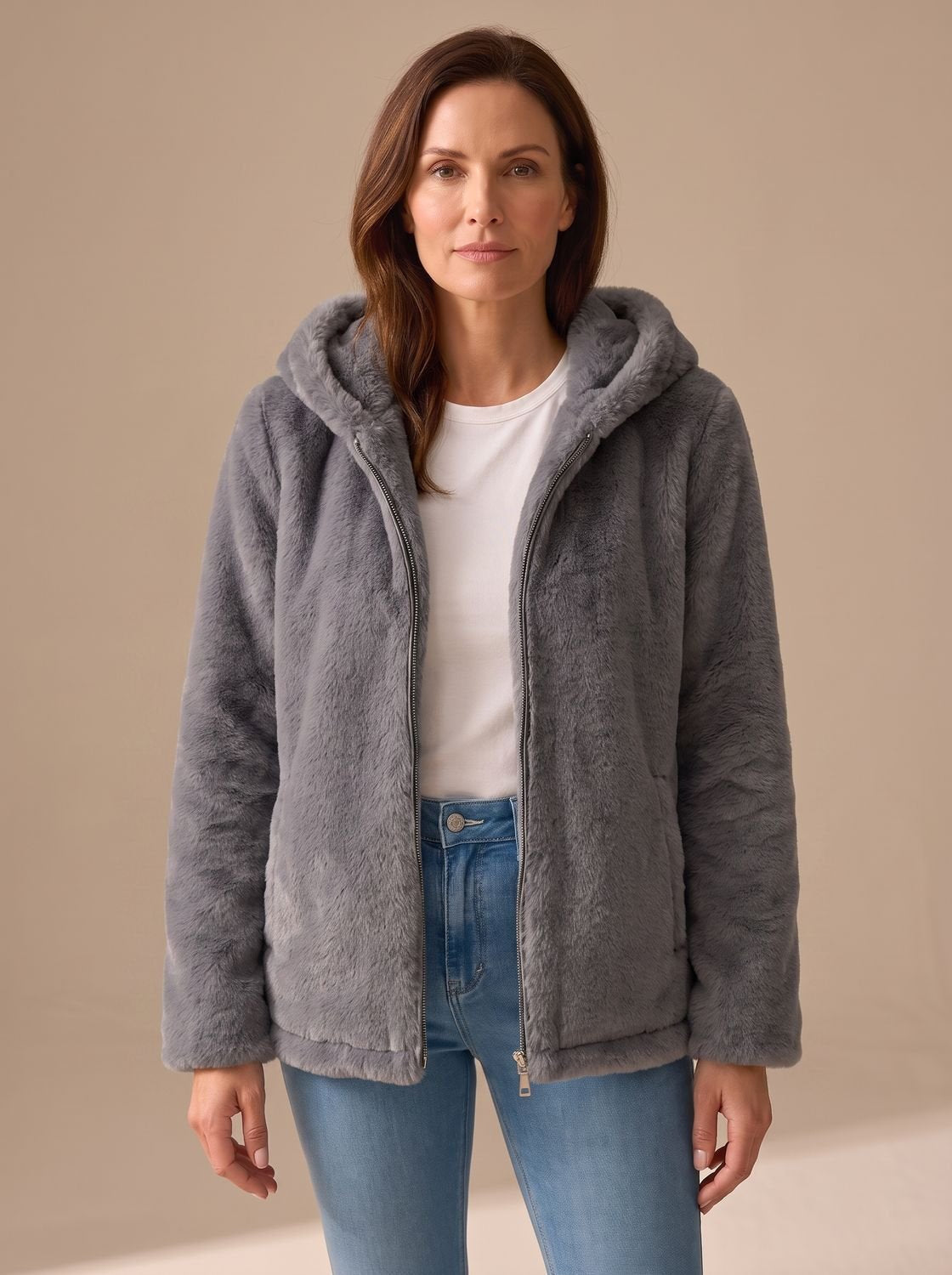 Women's Fleece-Lined Faux-Fur Hood Zip-Up Coat in Gray - view 2