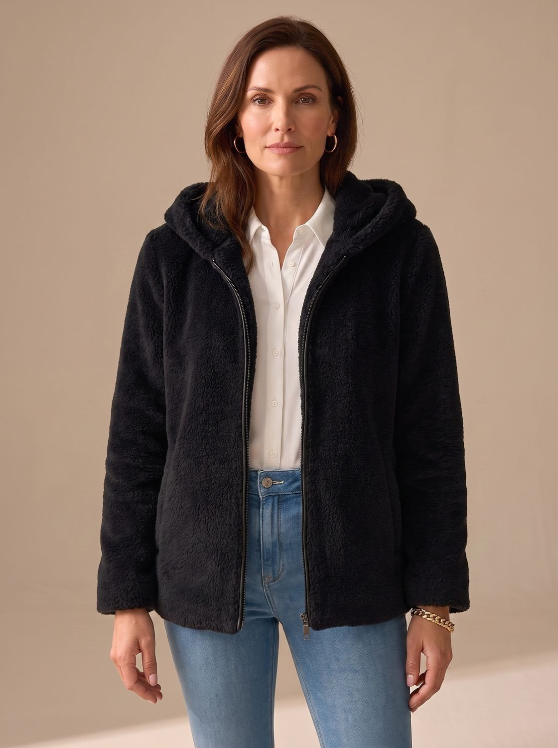 Women's Fleece-Lined Faux-Fur Hood Zip-Up Coat in Black - view 3