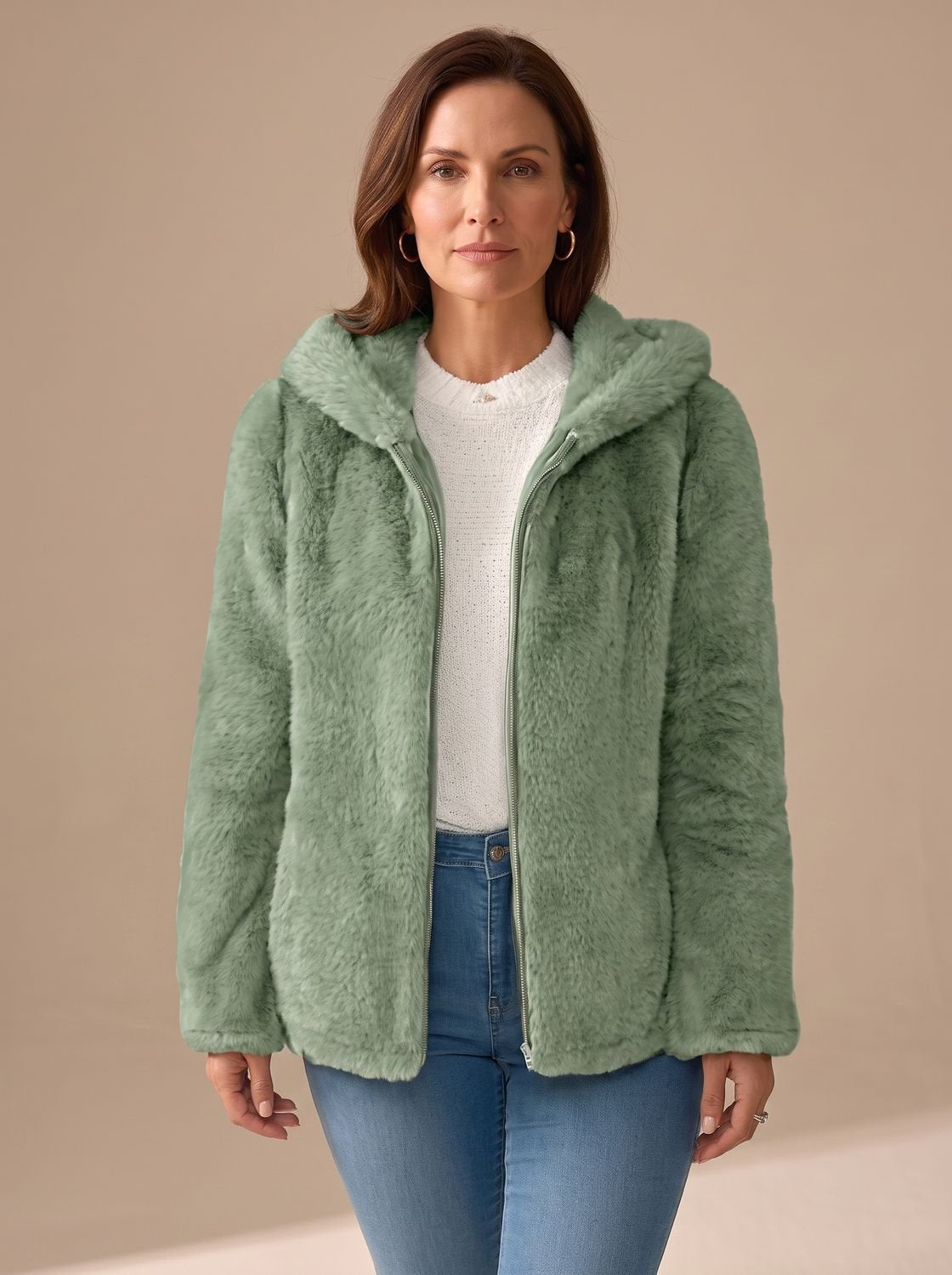 Women's Fleece-Lined Faux-Fur Hood Zip-Up Coat in Green - view 4