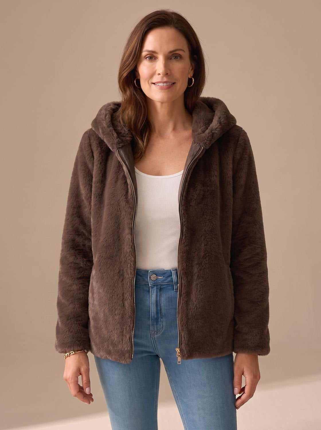 Women's Fleece-Lined Faux-Fur Hood Zip-Up Coat in Brown - view 5