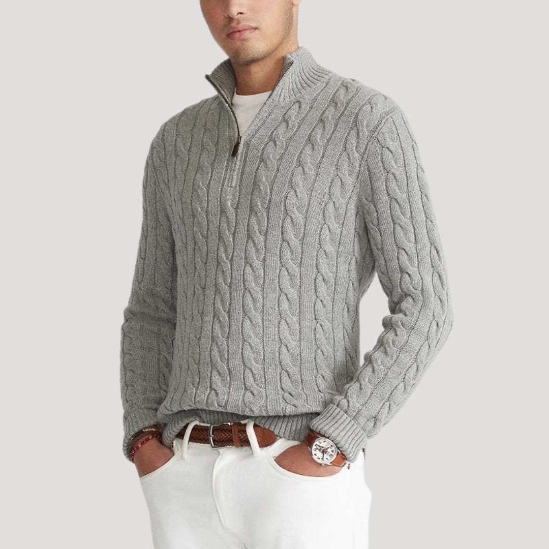 Men's Cable-Knit Full-Zip Cardigan with Stand Collar in Gray - view 1