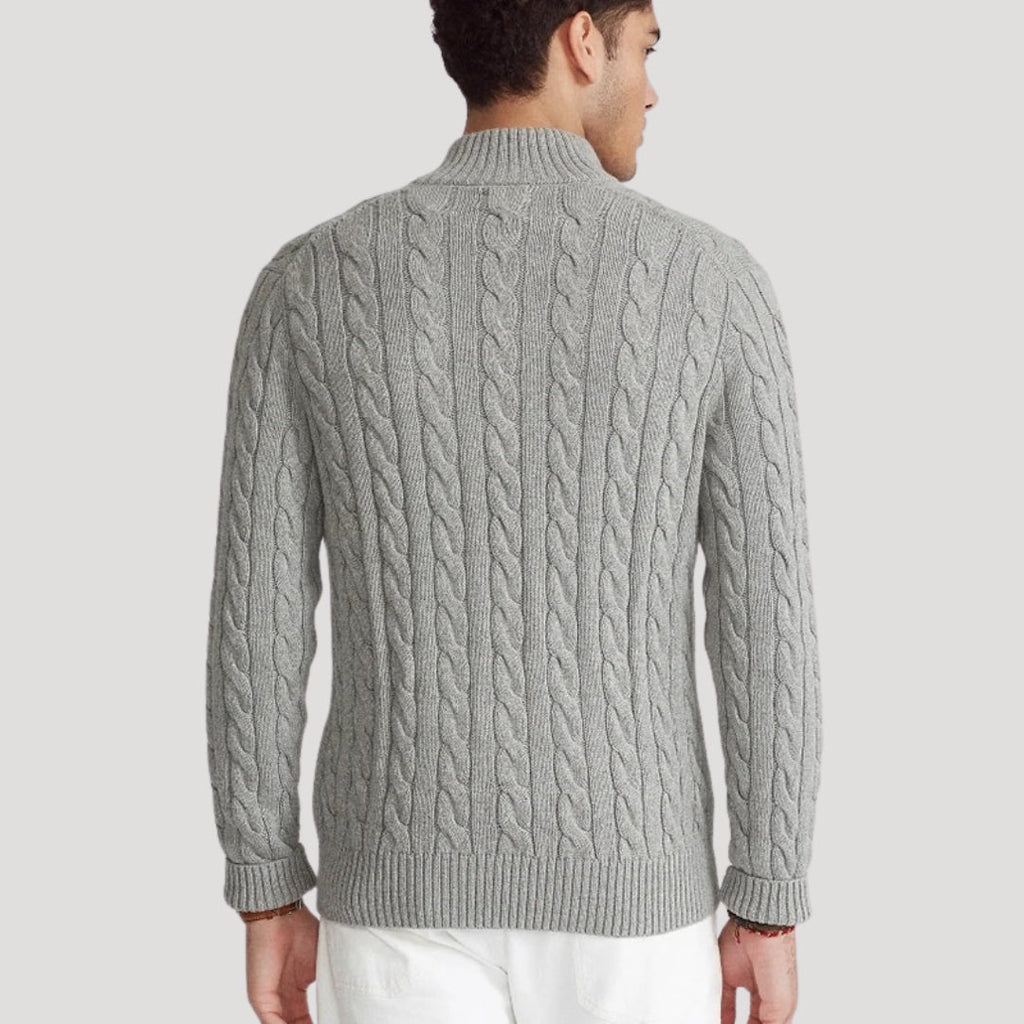 Men's Cable-Knit Full-Zip Cardigan with Stand Collar in Gray - view 2