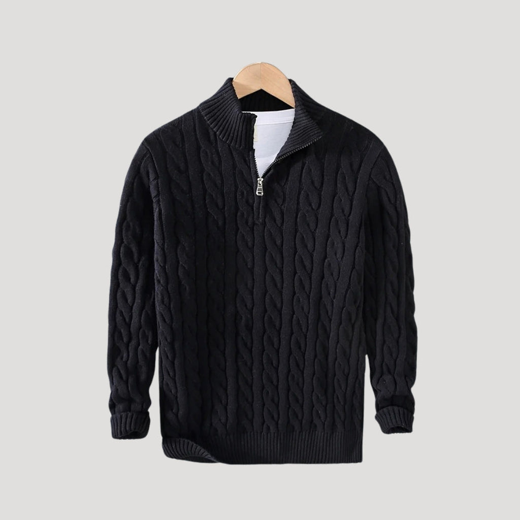 Men's Cable-Knit Full-Zip Cardigan with Stand Collar in Black - view 3