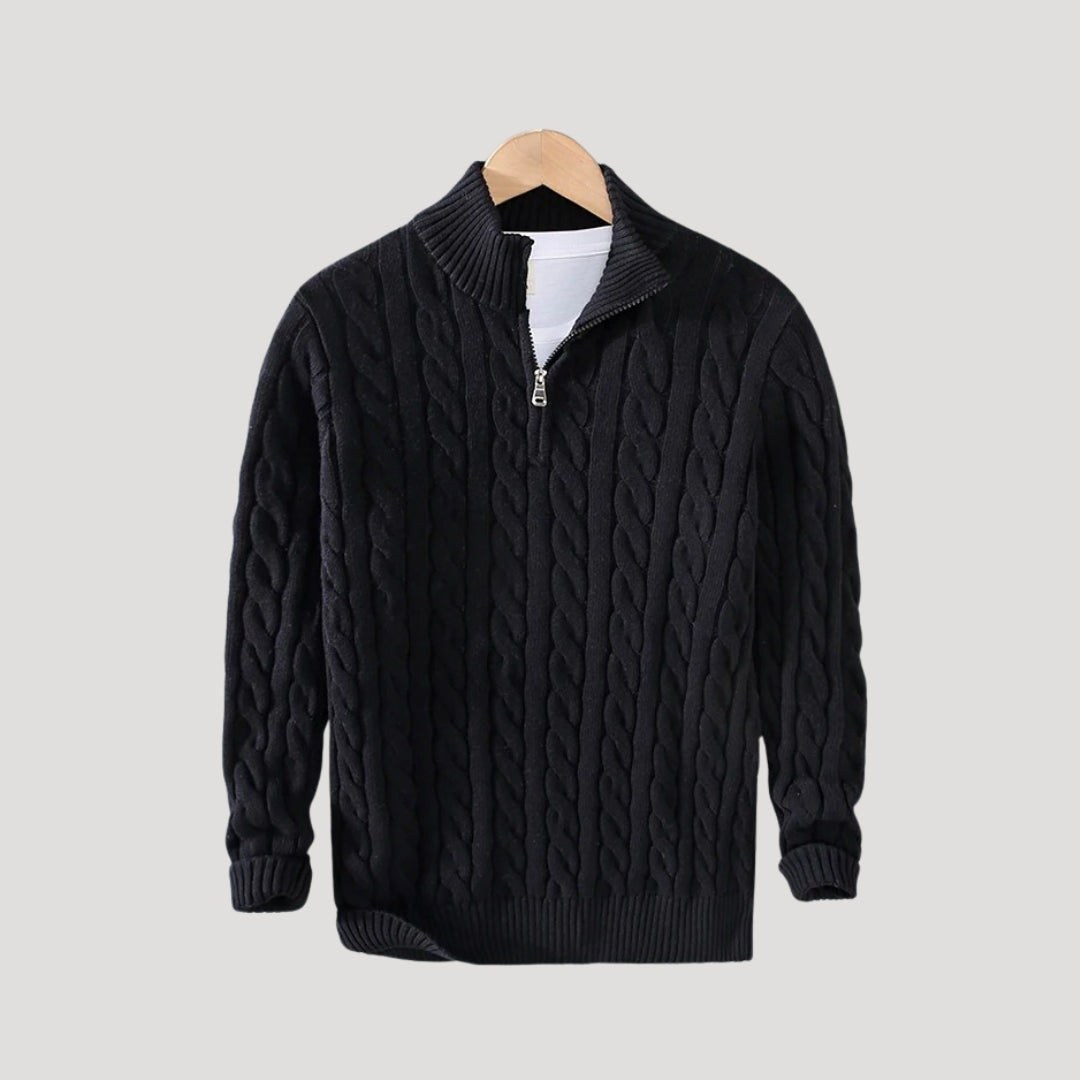 Men's Cable-Knit Full-Zip Cardigan with Stand Collar in Black - view 3