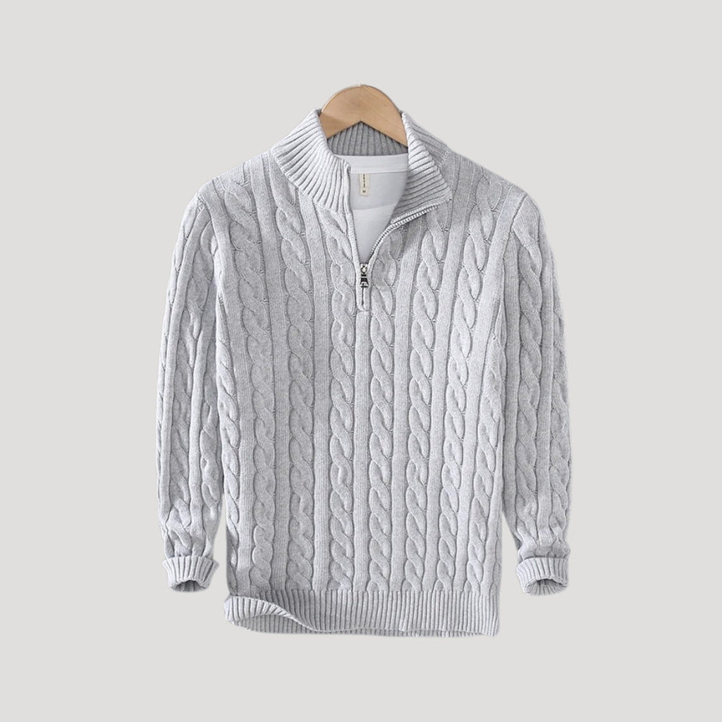 Men's Cable-Knit Full-Zip Cardigan with Stand Collar in Gray - view 4