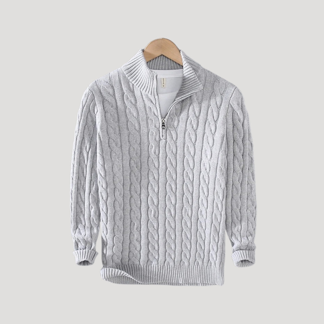 Men's Cable-Knit Full-Zip Cardigan with Stand Collar in Gray - view 4