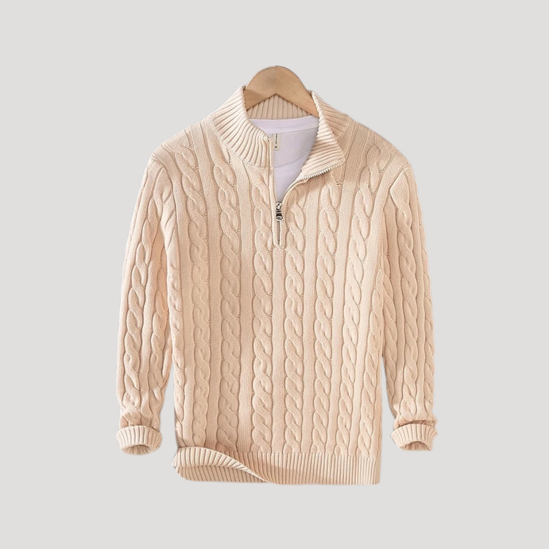 Men's Cable-Knit Full-Zip Cardigan with Stand Collar in Beige - view 5