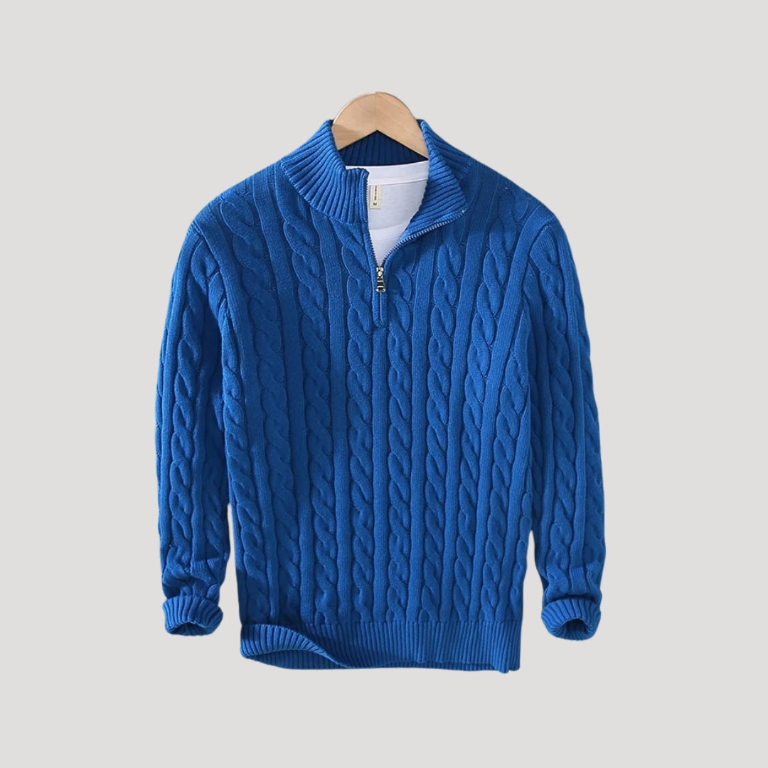 Men's Cable-Knit Full-Zip Cardigan with Stand Collar in Blue - view 6