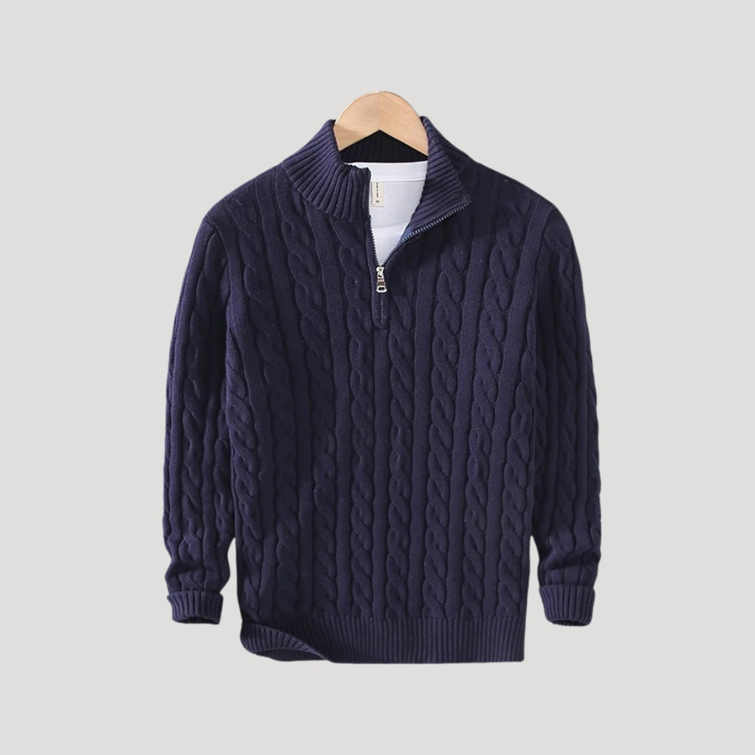 Men's Cable-Knit Full-Zip Cardigan with Stand Collar in Dark Blue - view 7