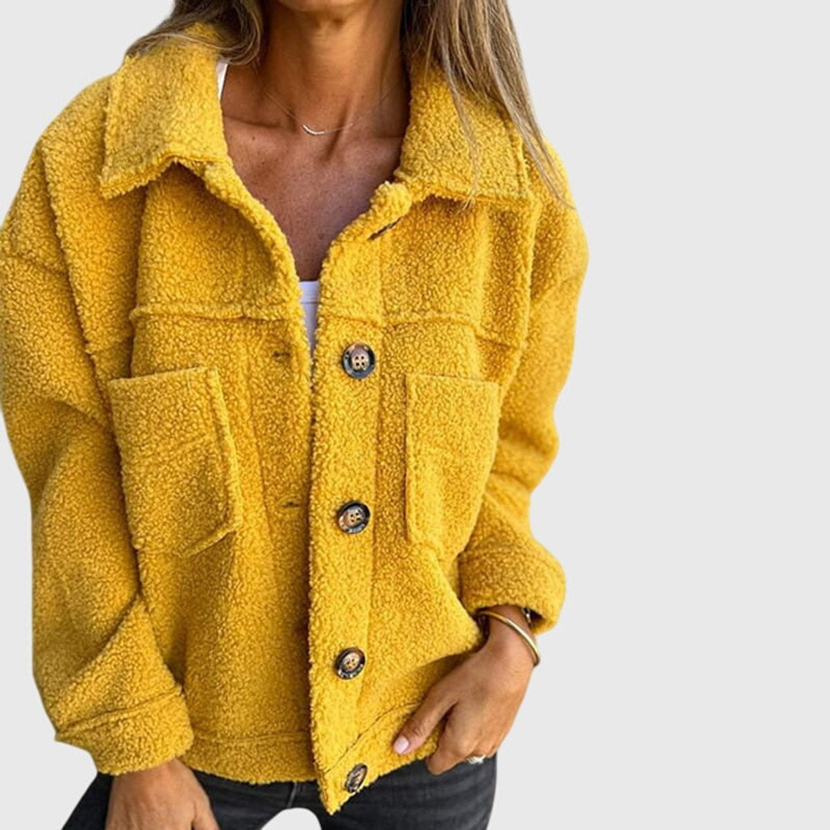 Women's Fleece-Lined Hooded Button-Front Coat in Yellow - view 2