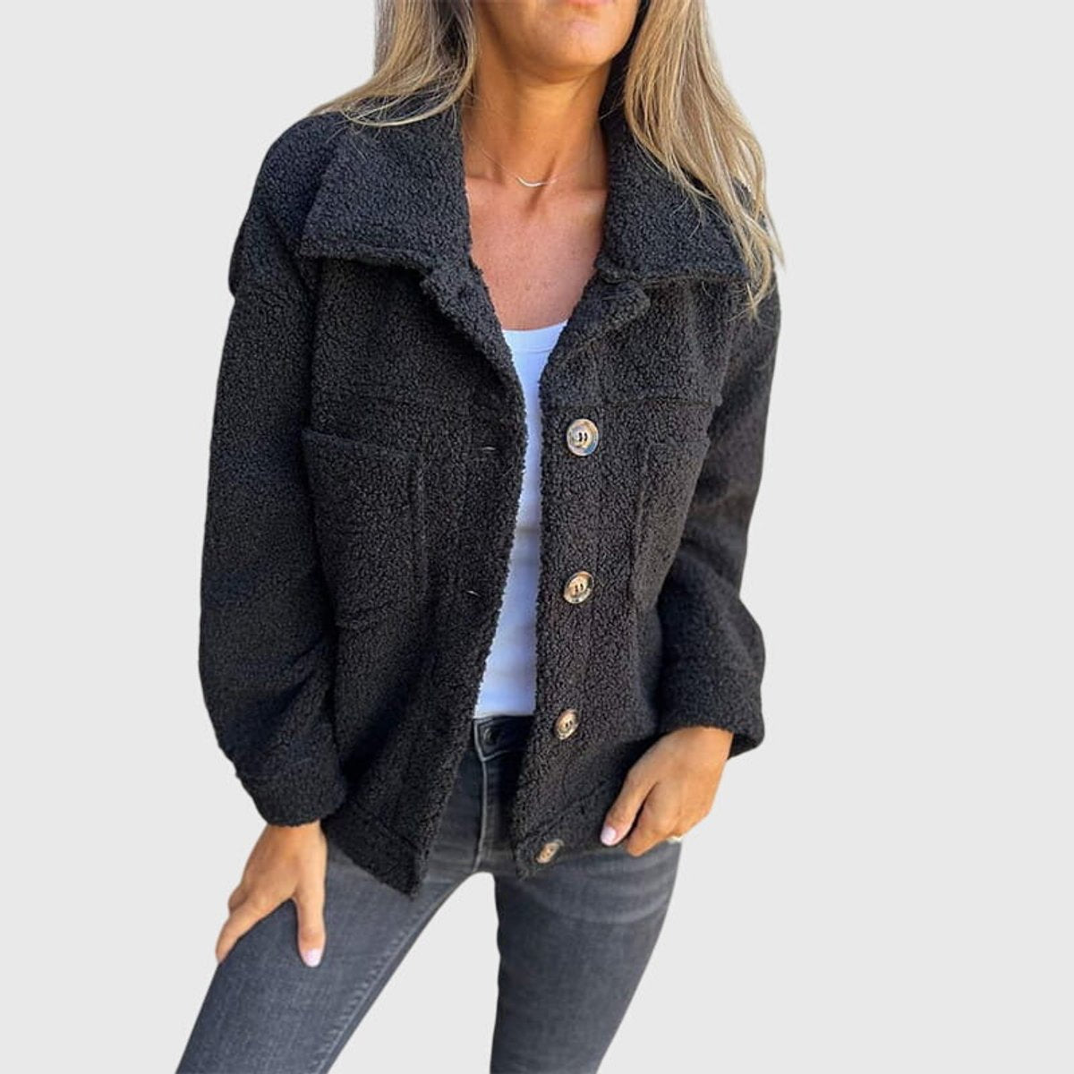 Women's Fleece-Lined Hooded Button-Front Coat in Black - view 5