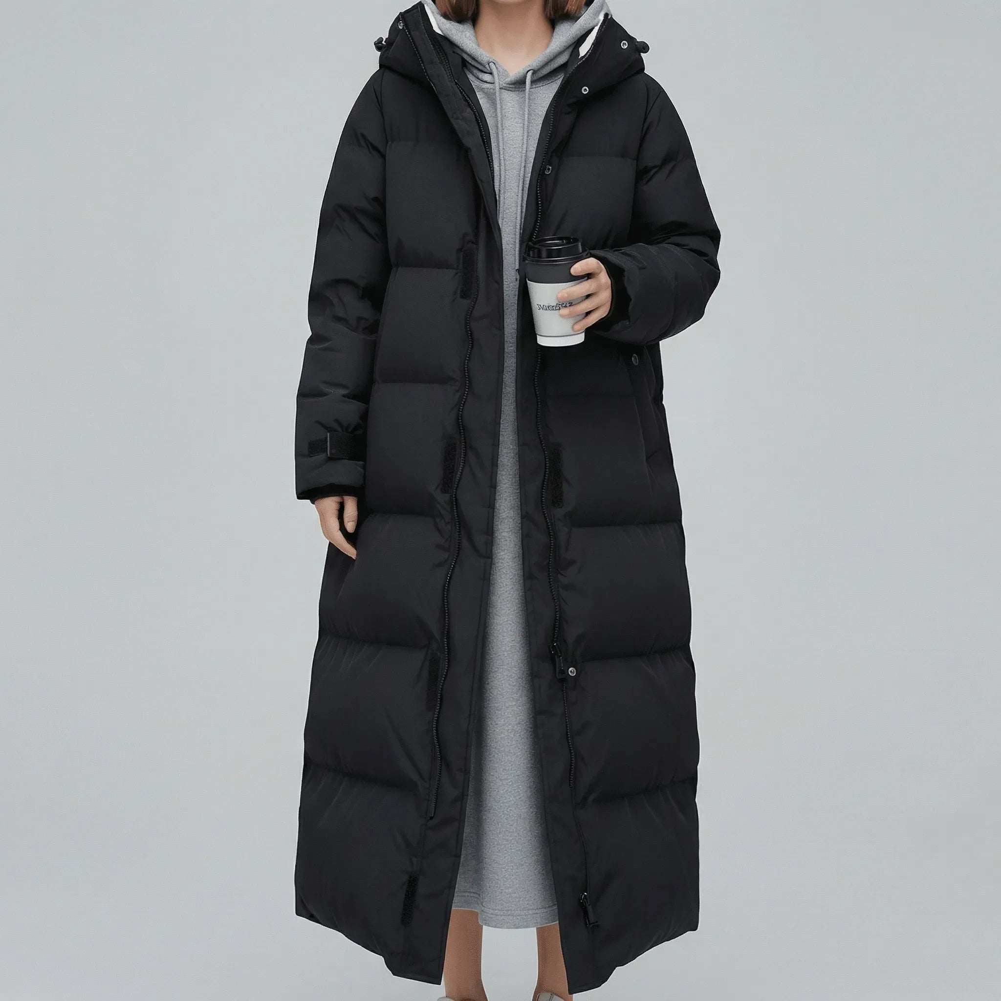 Women's Quilted Hooded Longline Padded Coat in Black - view 4