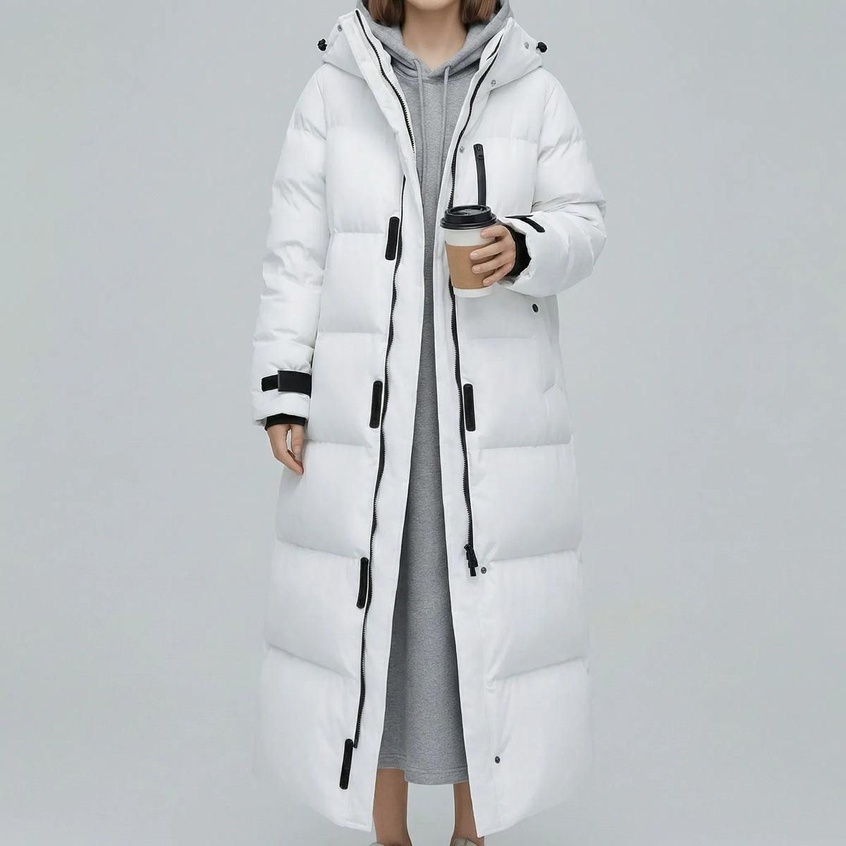 Women's Quilted Hooded Longline Padded Coat in White - view 5