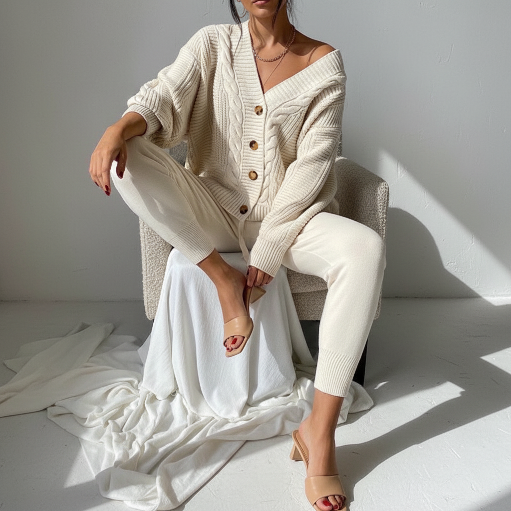 Women's Cable-Knit Ribbed Button-Front Cardigan in Beige - view 1
