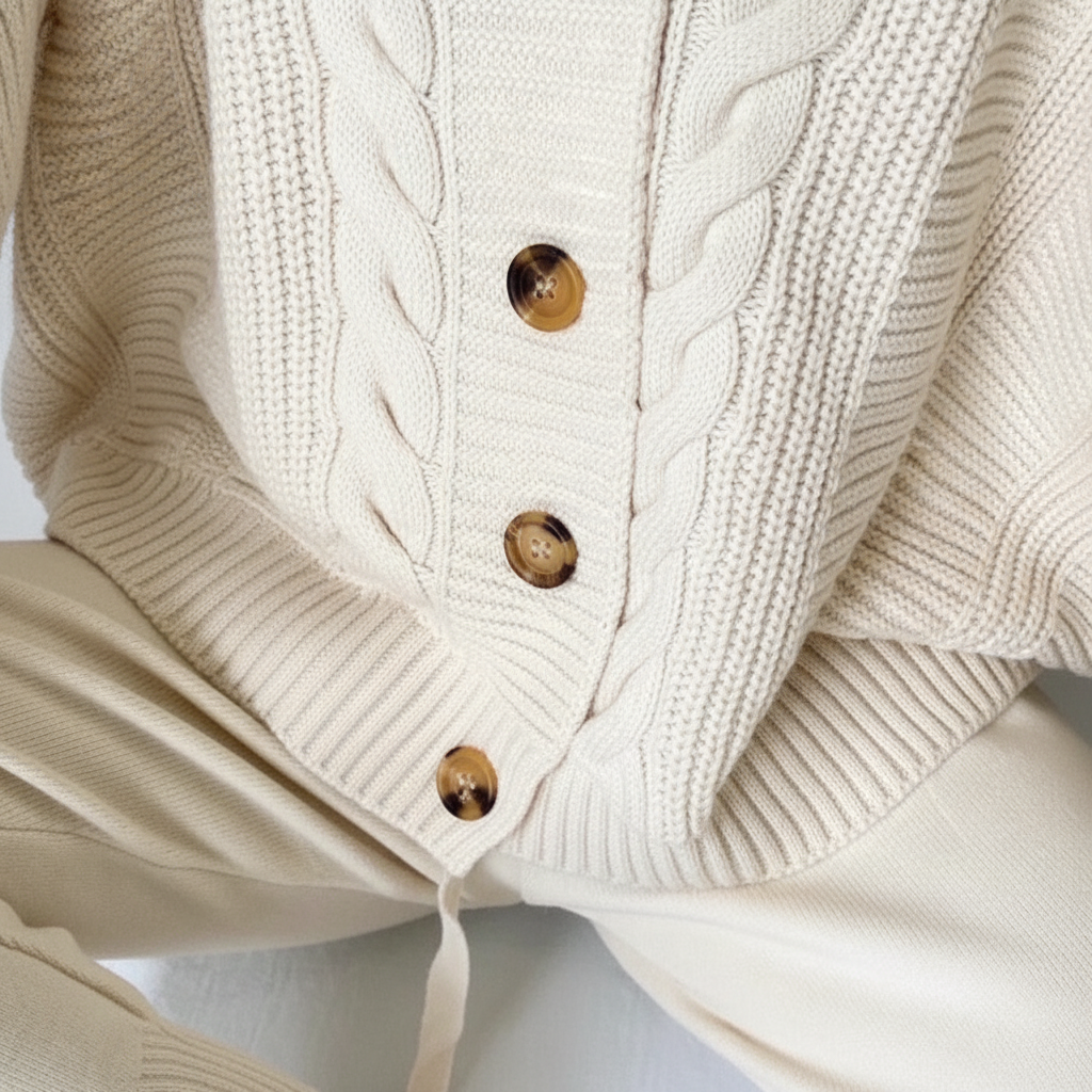 Women's Cable-Knit Ribbed Button-Front Cardigan in Beige - view 3