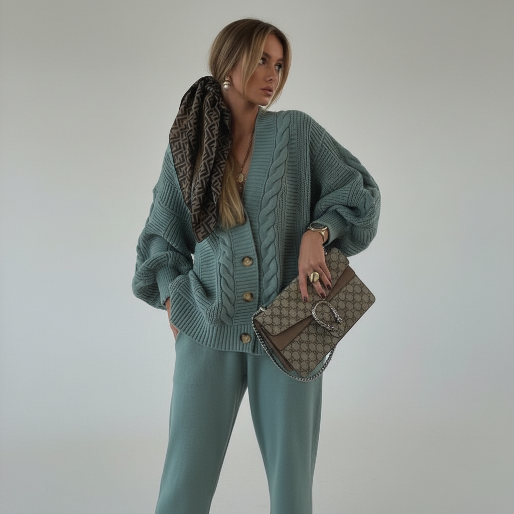 Women's Cable-Knit Ribbed Button-Front Cardigan in Dark Green - view 5