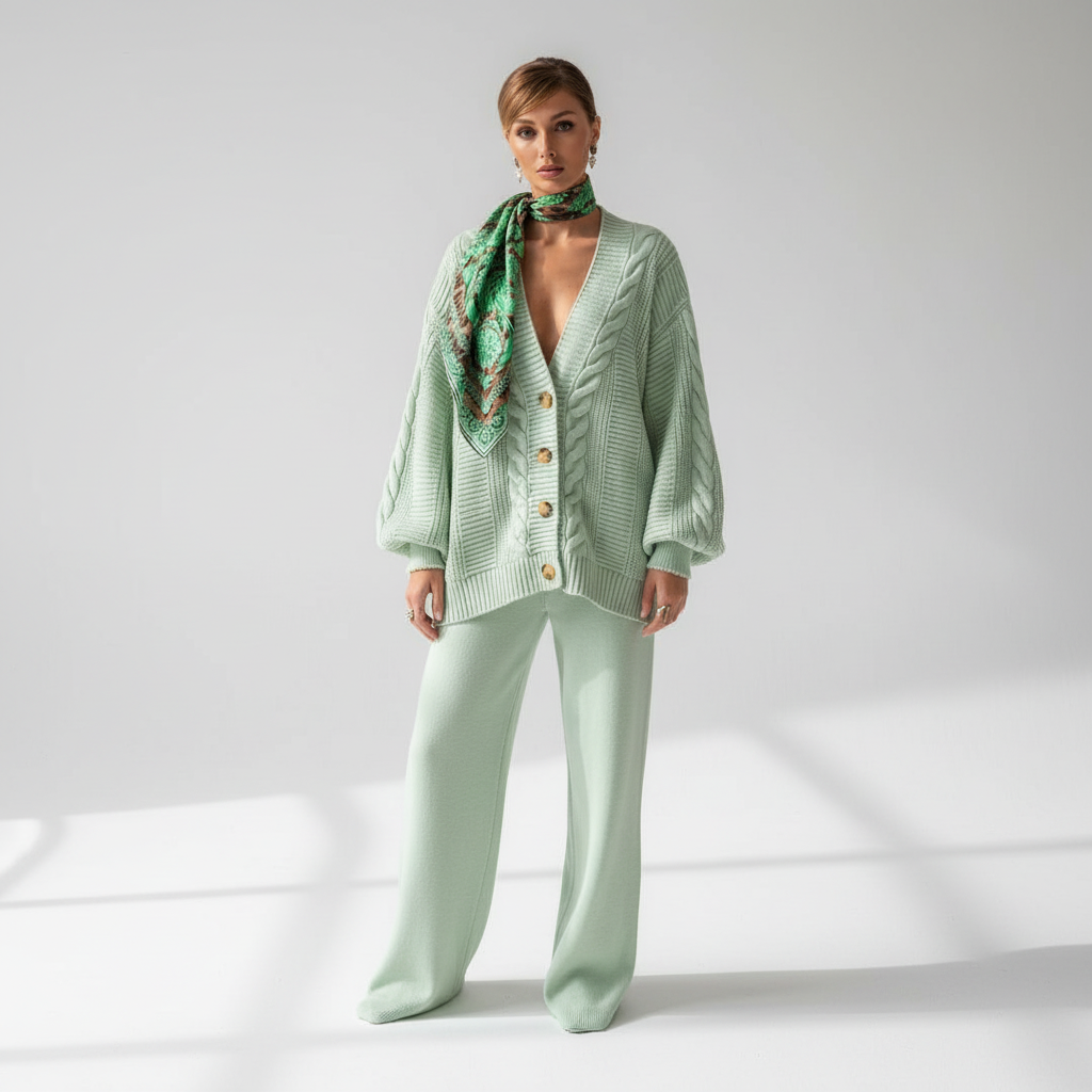 Women's Cable-Knit Ribbed Button-Front Cardigan in Light Green - view 6