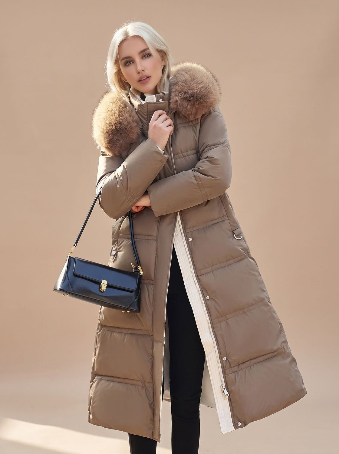 Women's Longline Quilted Puffer Coat with Fur Hood in Coffee - view 1