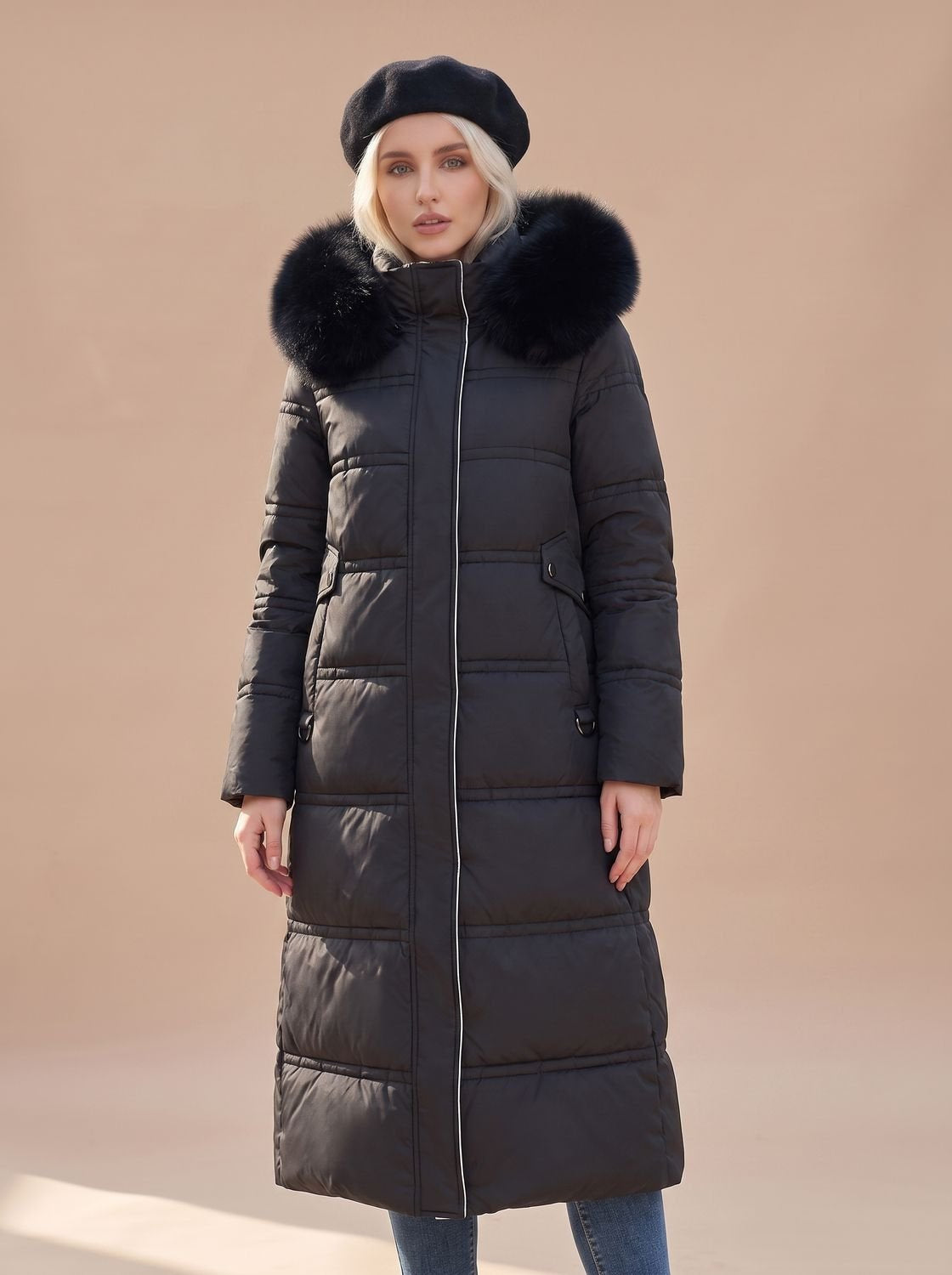 Women's Longline Quilted Puffer Coat with Fur Hood in Black - view 2