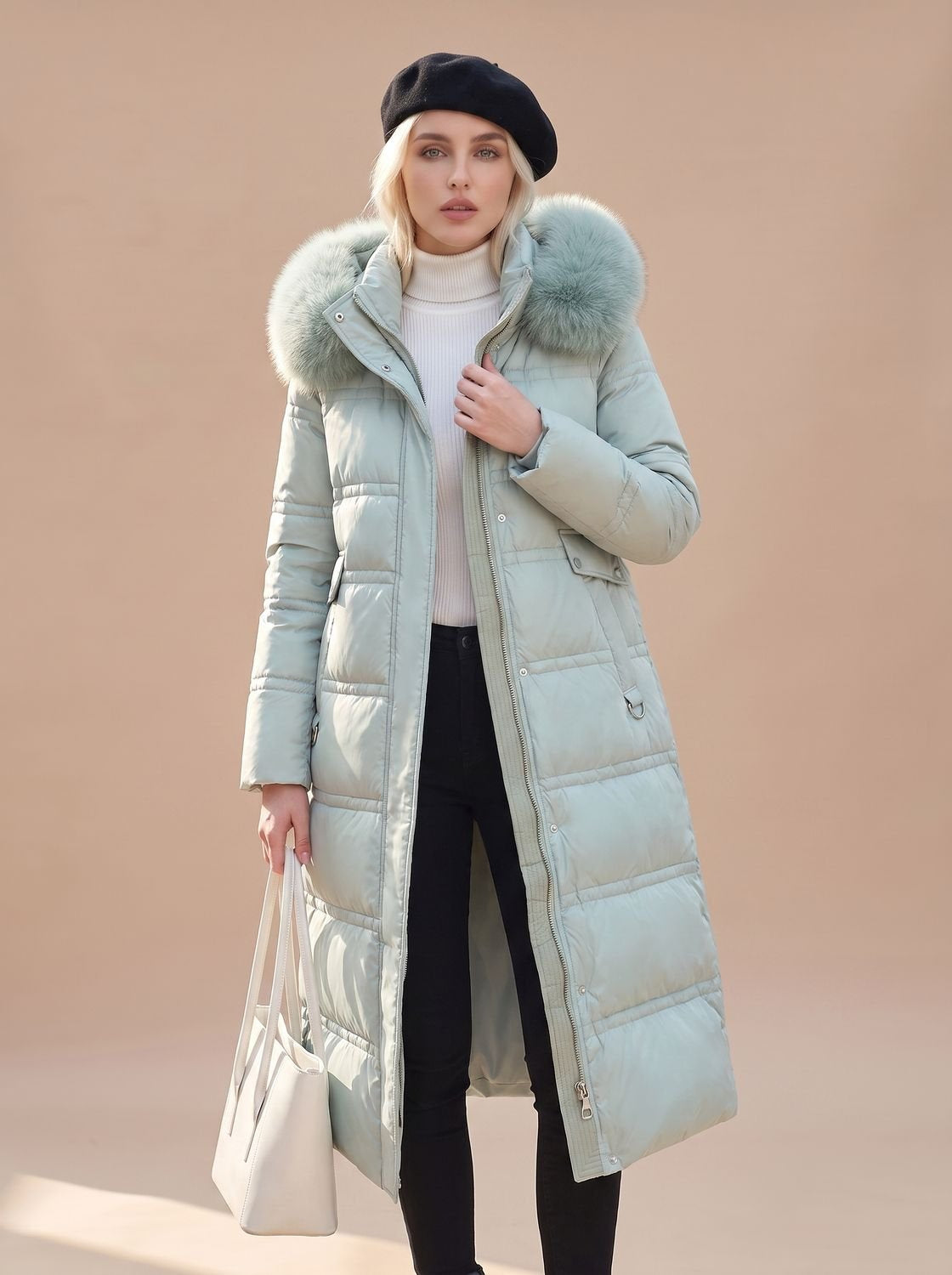 Women's Longline Quilted Puffer Coat with Fur Hood in Blue - view 3