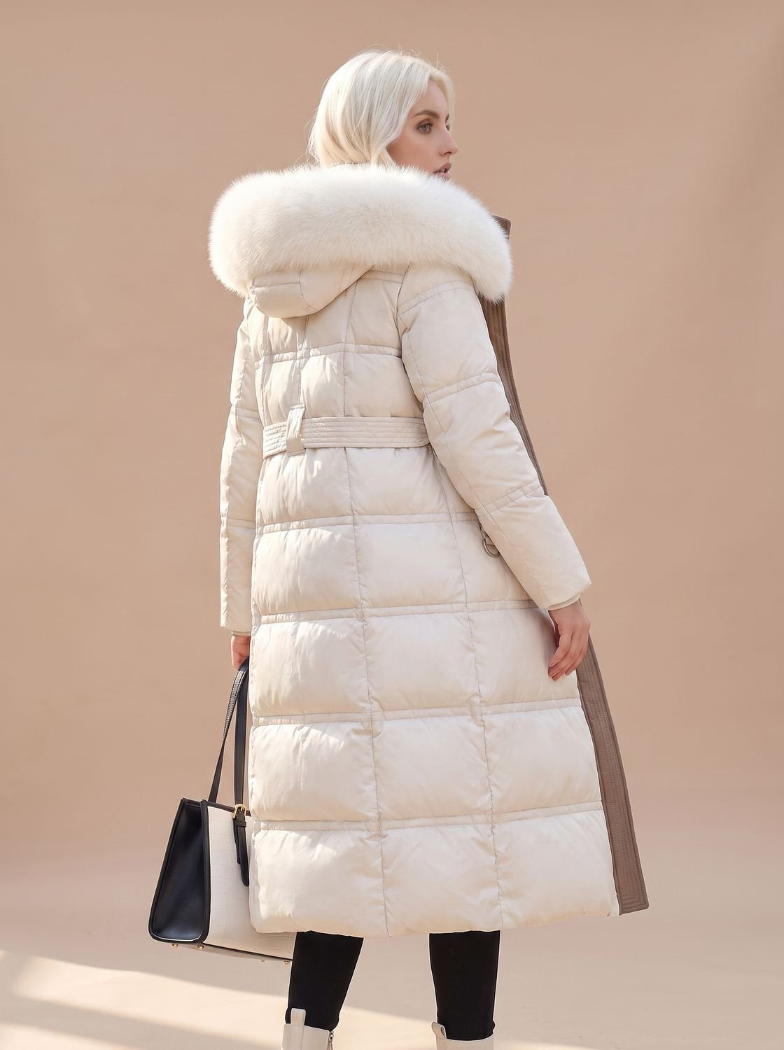 Women's Longline Quilted Puffer Coat with Fur Hood in White - view 4