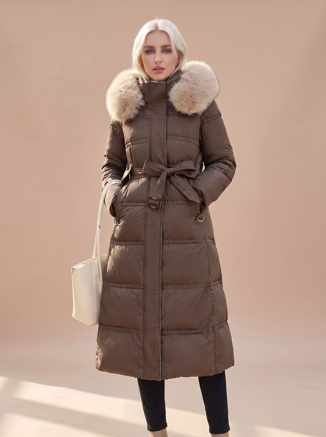 Women's Longline Quilted Puffer Coat with Fur Hood in Coffee with Beige Collar - view 5