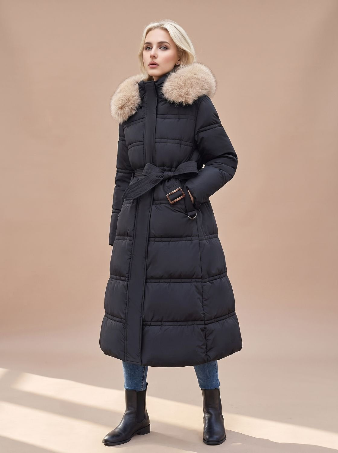Women's Longline Quilted Puffer Coat with Fur Hood in Black with Beige Collar - view 6