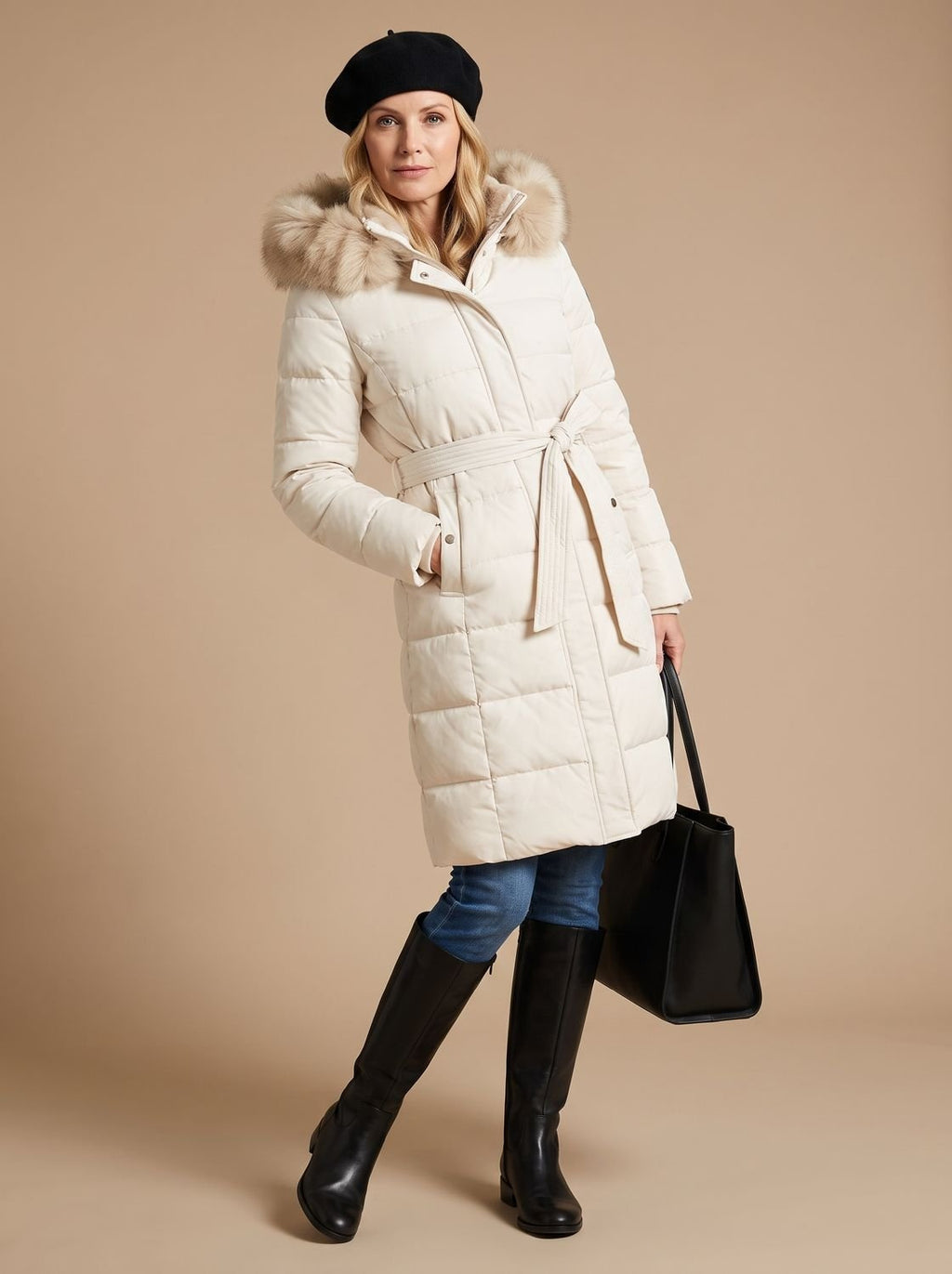 Women's Longline Quilted Puffer Coat with Fur Hood in White - view 8
