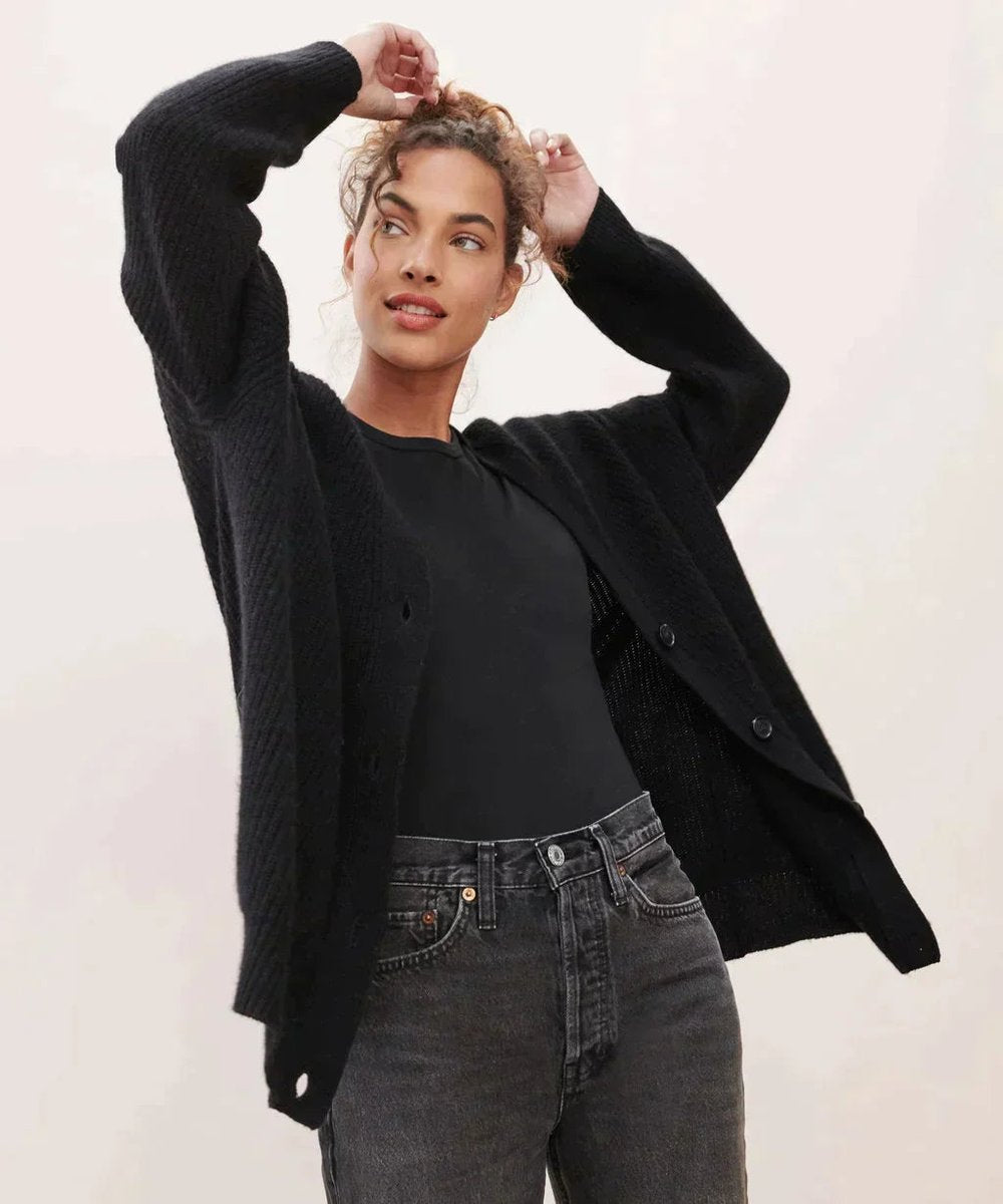 Women's Ribbed Button-Front Cardigan in Black - view 4