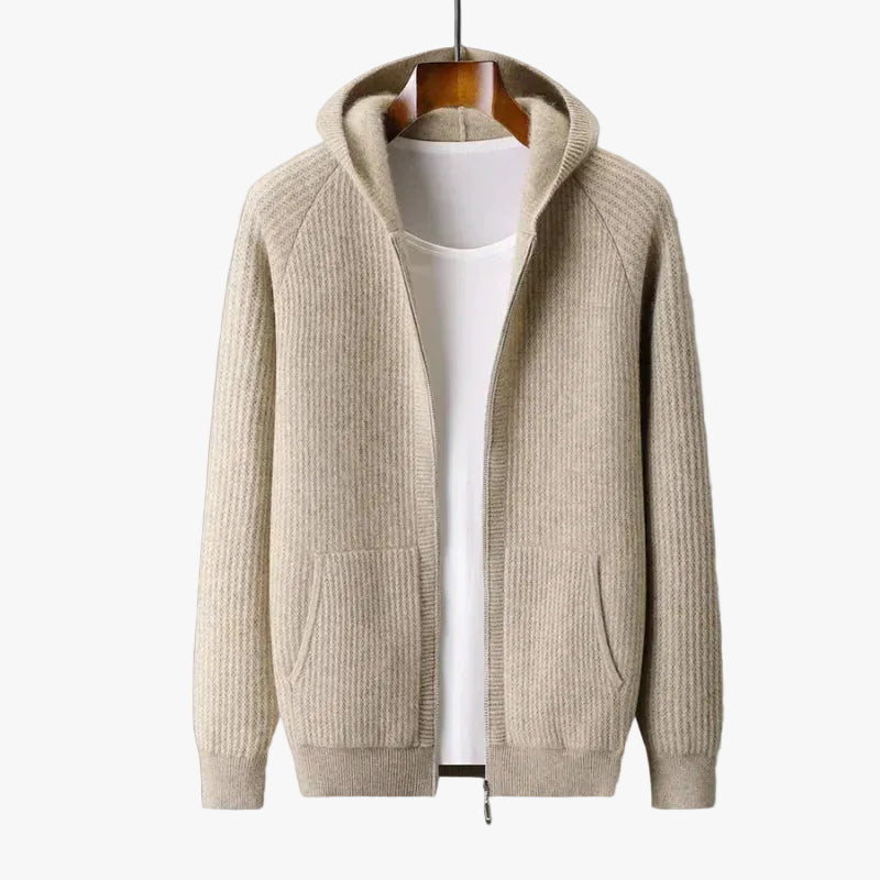 Men's Hooded Full-Zip Sweater with Side Pockets in Beige - view 2