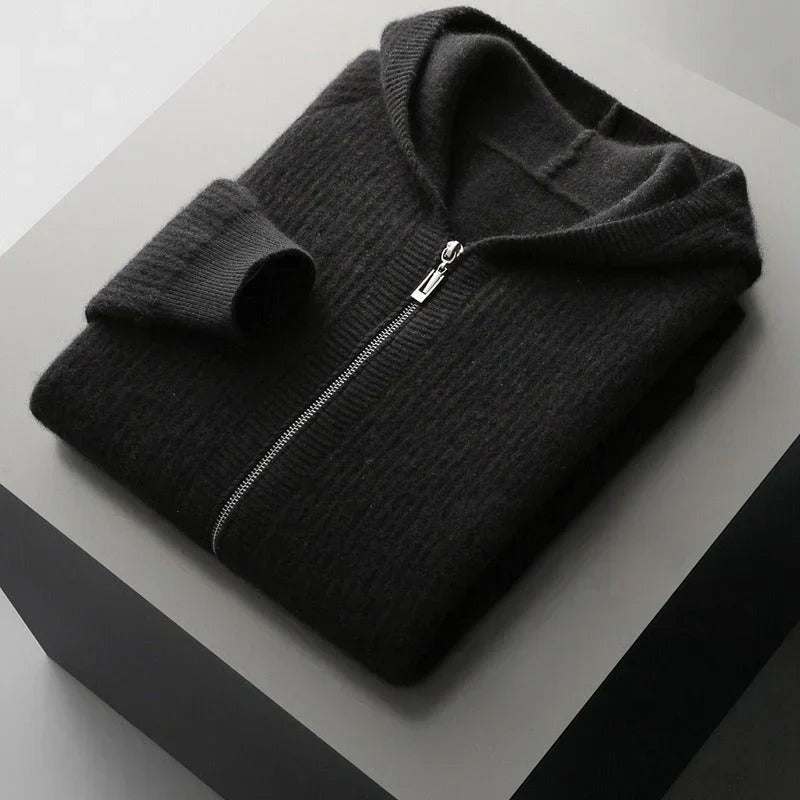 Men's Hooded Full-Zip Sweater with Side Pockets in Black - view 3