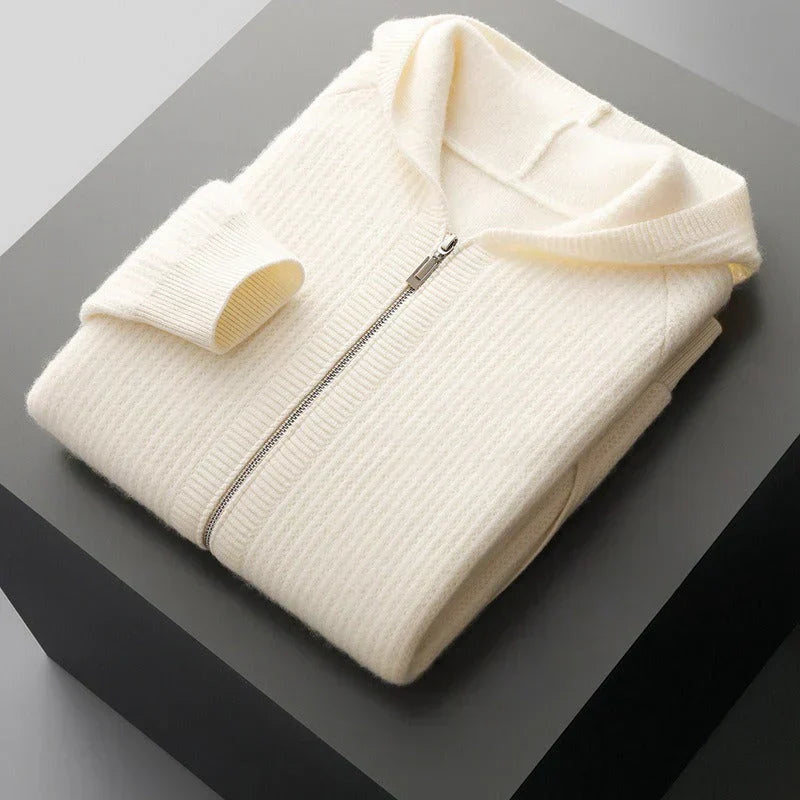 Men's Hooded Full-Zip Sweater with Side Pockets in White - view 5