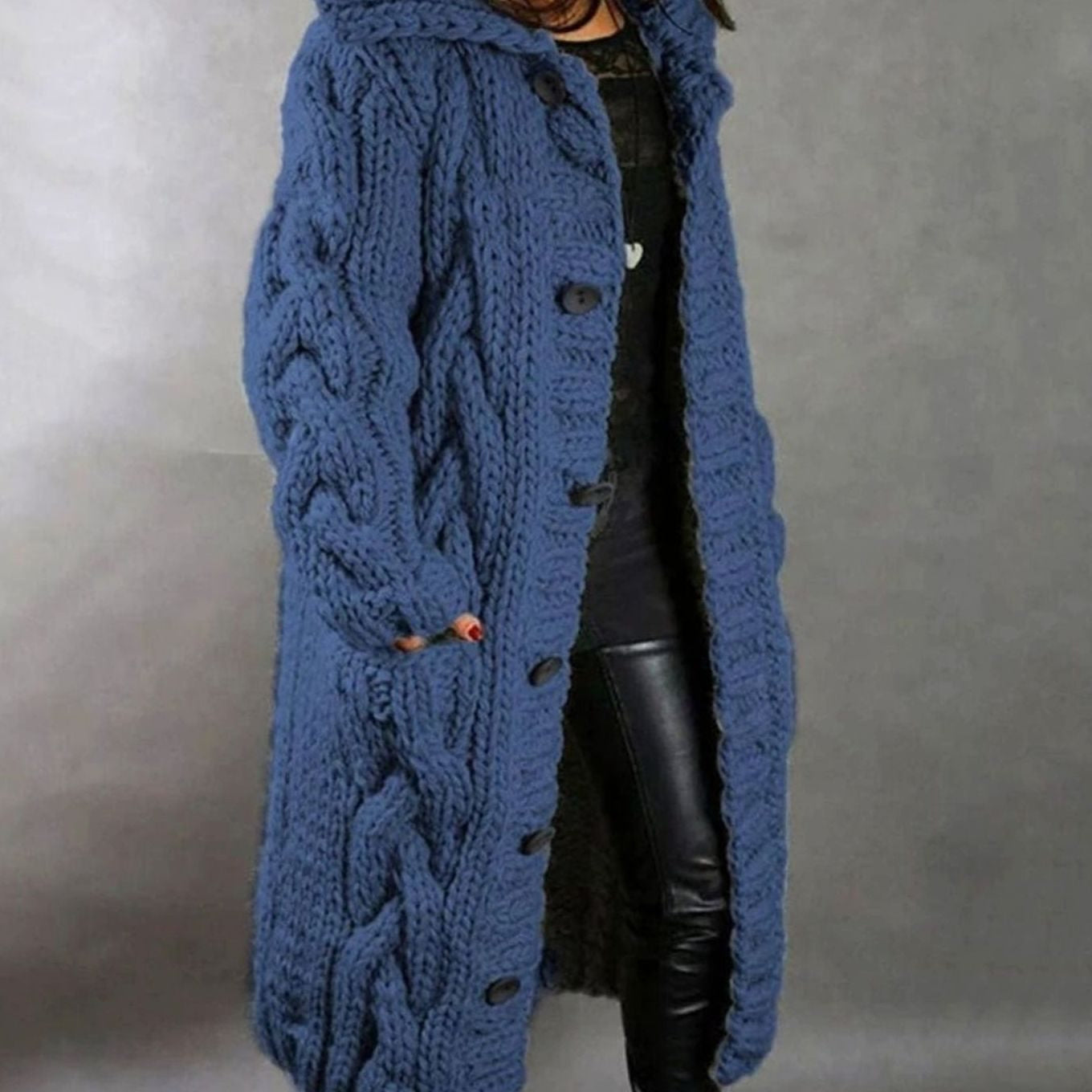Women's Cable-Knit Oversized Turtleneck Hooded Cardigan in Blue - view 1