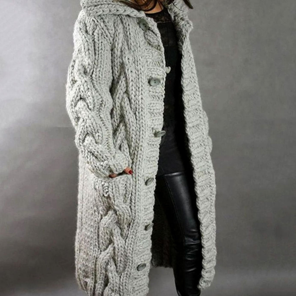 Women's Cable-Knit Oversized Turtleneck Hooded Cardigan in Silver Grey - view 2