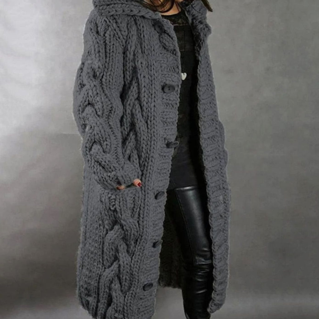 Women's Cable-Knit Oversized Turtleneck Hooded Cardigan in Dark Grey - view 3