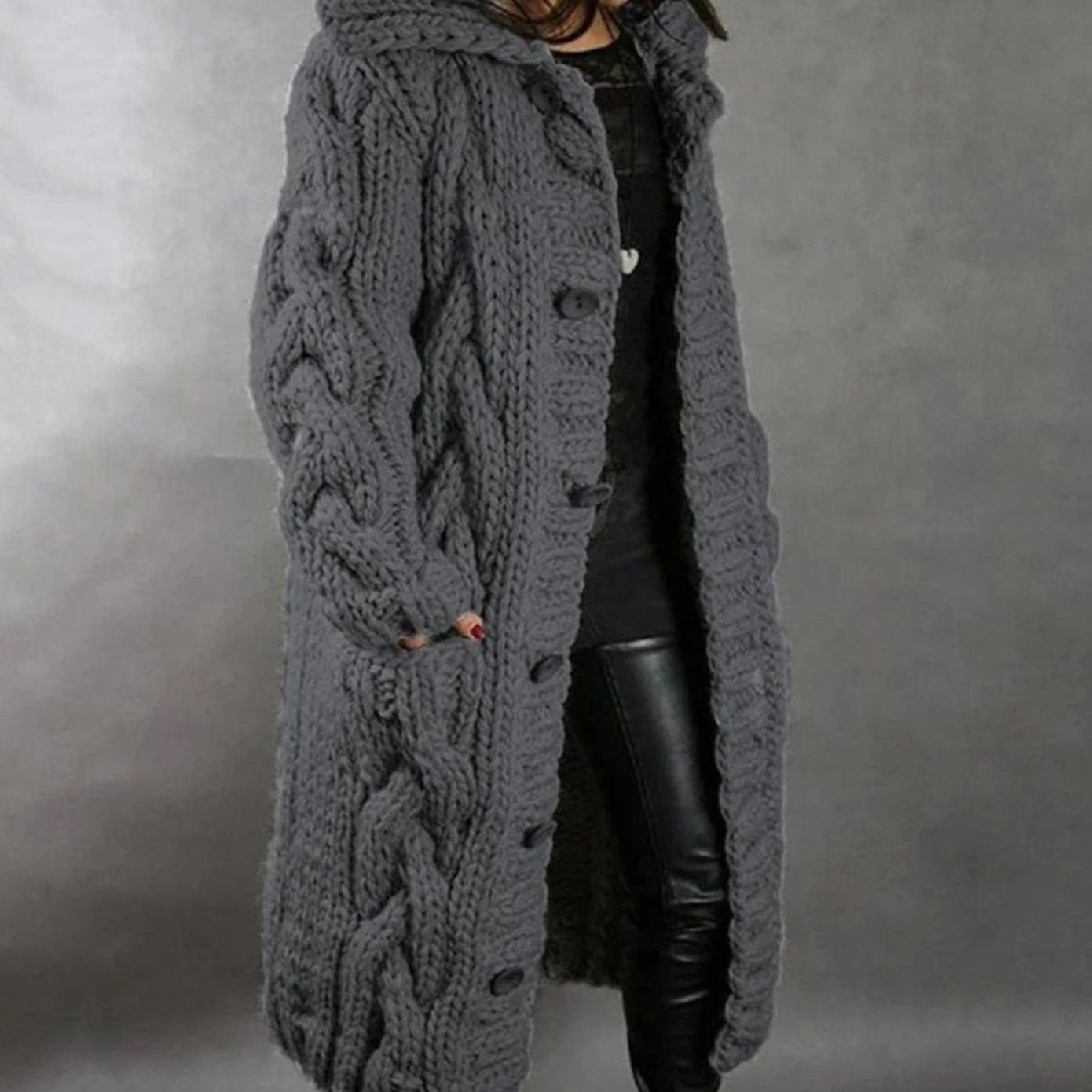 Women's Cable-Knit Oversized Turtleneck Hooded Cardigan in Dark Grey - view 3