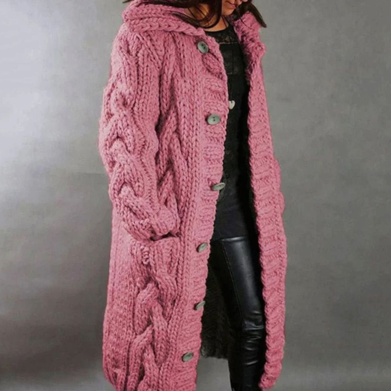 Women's Cable-Knit Oversized Turtleneck Hooded Cardigan in Pink - view 4