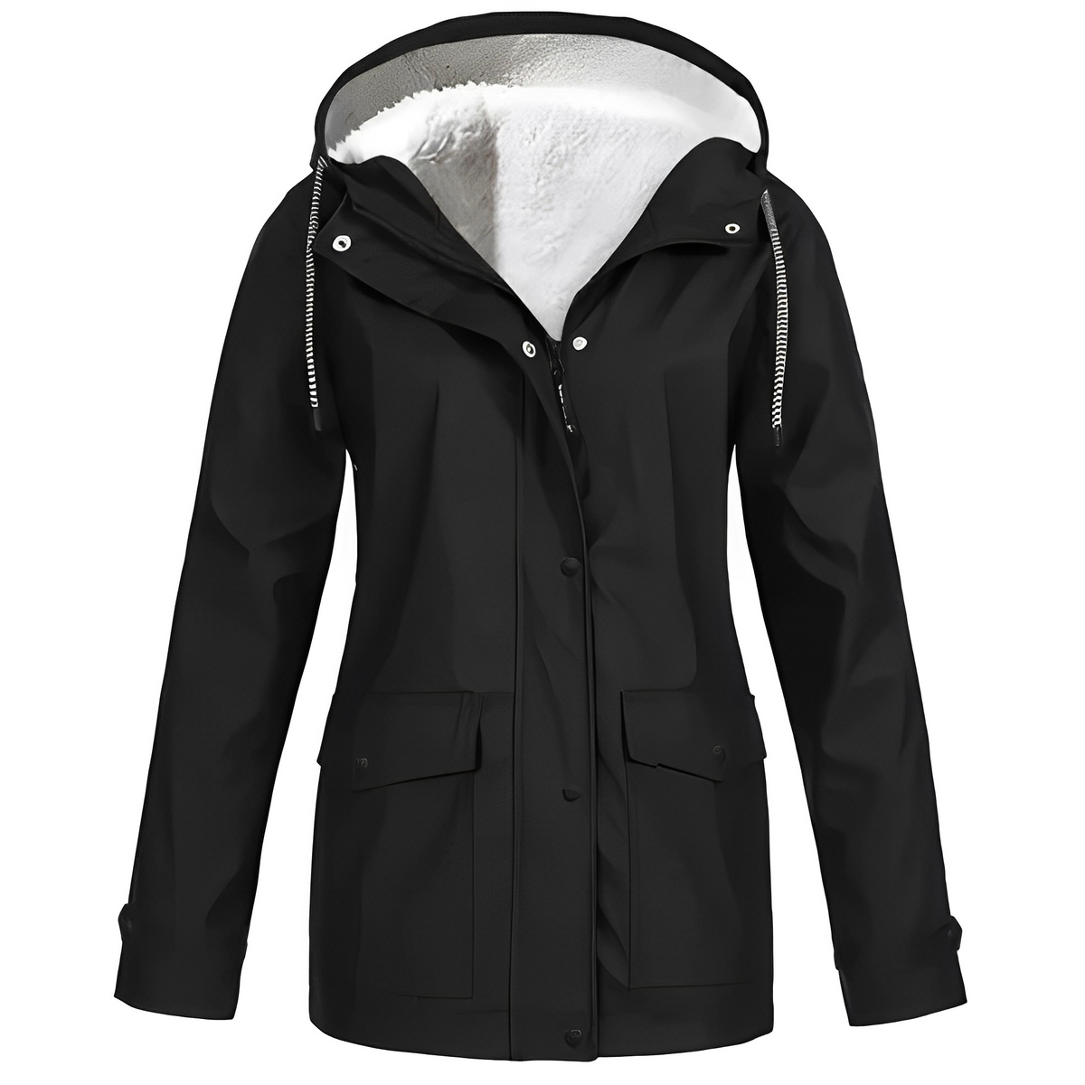 Women's Fleece-Lined Hooded Rain Jacket in Black - view 3