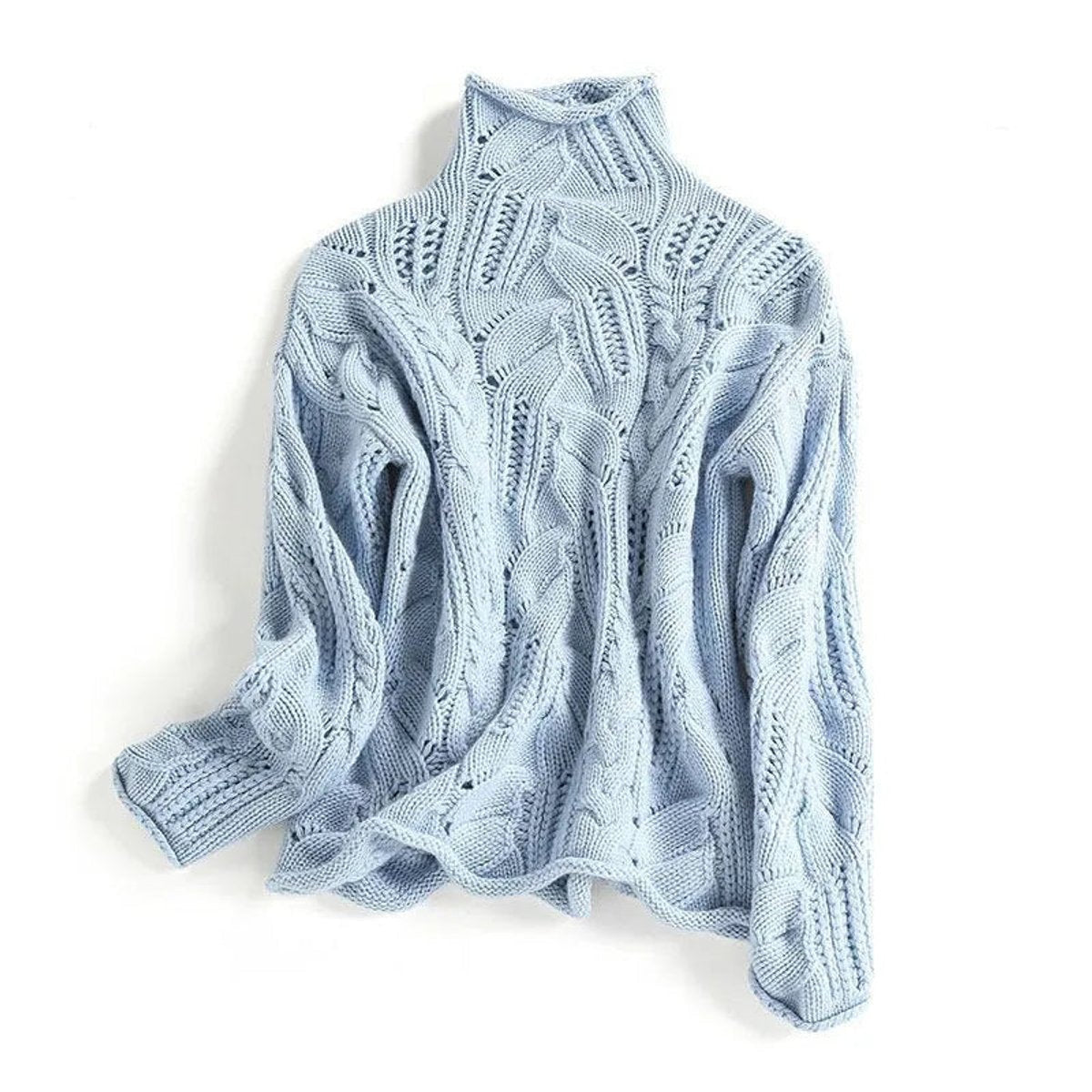 Women's Cable-Knit Tunic Turtleneck Sweater with Slit Hem in Blue - view 2