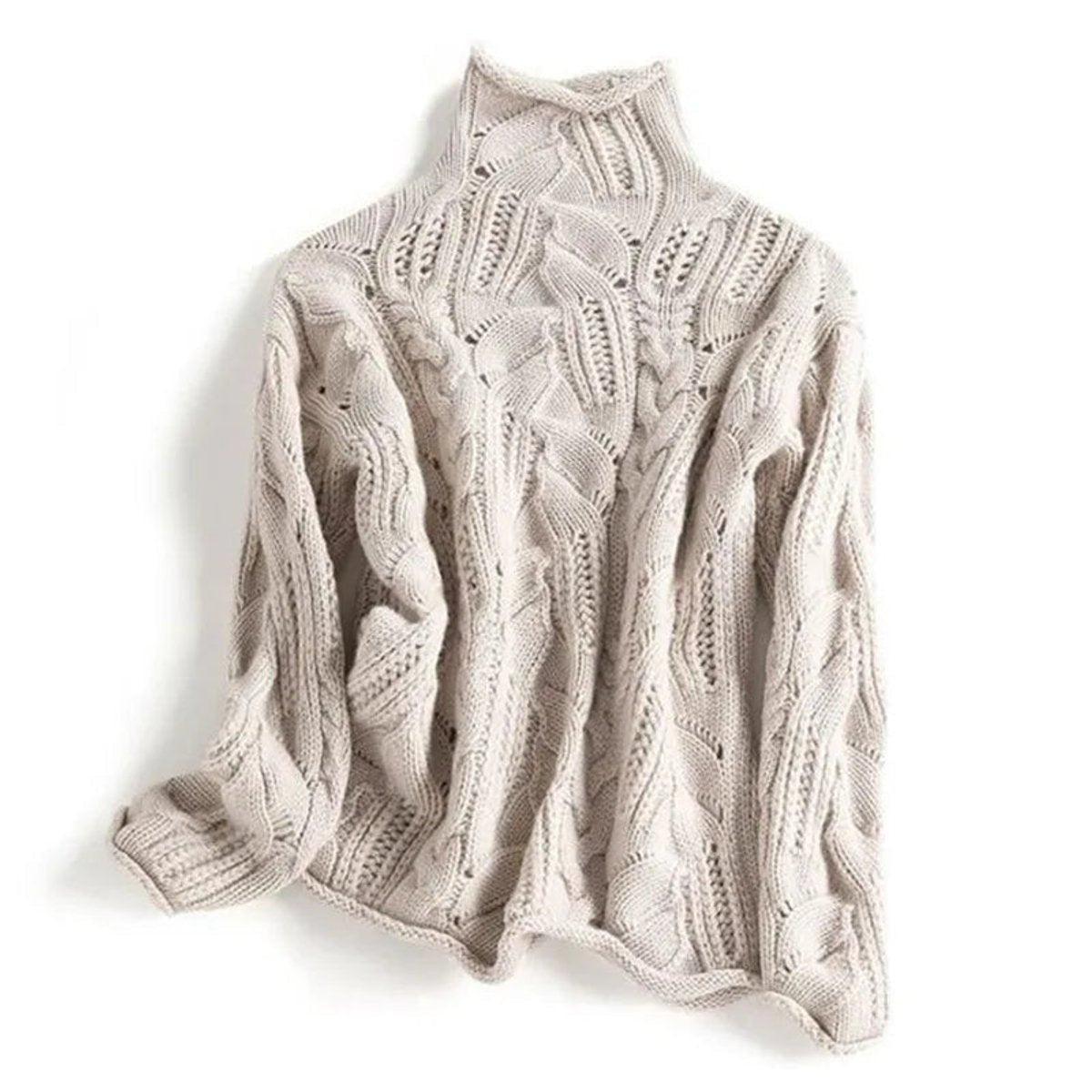 Women's Cable-Knit Tunic Turtleneck Sweater with Slit Hem in Beige - view 3