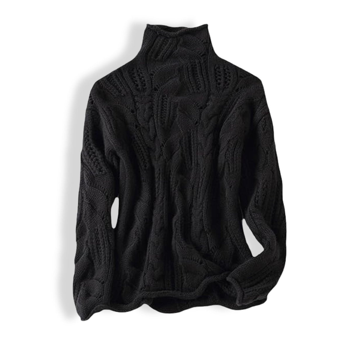 Women's Cable-Knit Tunic Turtleneck Sweater with Slit Hem in Black - view 4