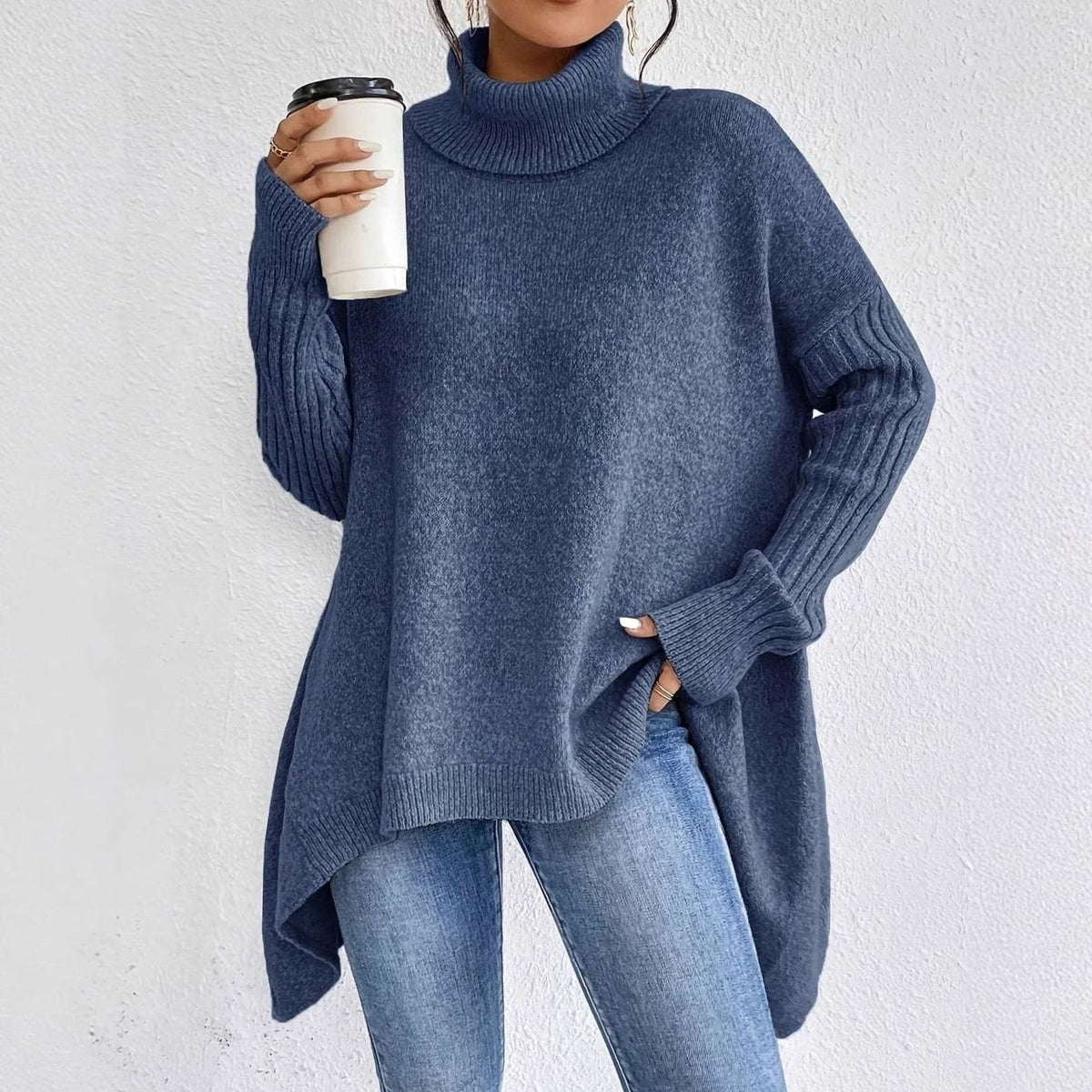 Women's Chunky Ribbed Turtleneck Sweater with Slit Hem in Navy - view 1