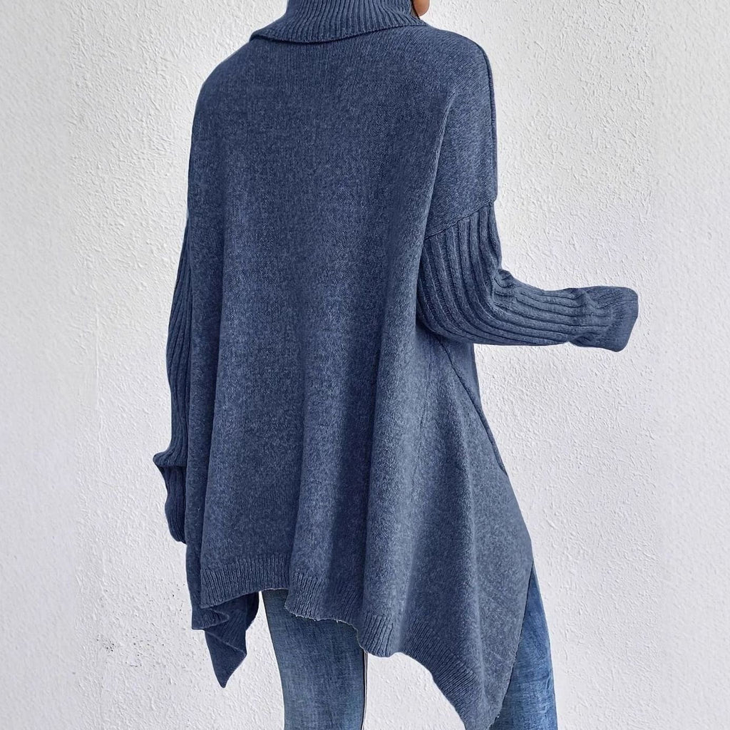 Women's Chunky Ribbed Turtleneck Sweater with Slit Hem in Navy - view 2