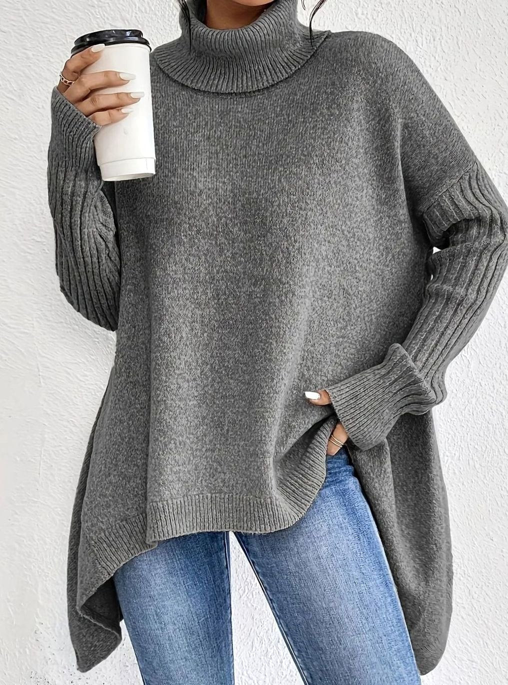 Women's Chunky Ribbed Turtleneck Sweater with Slit Hem in Gray - view 3