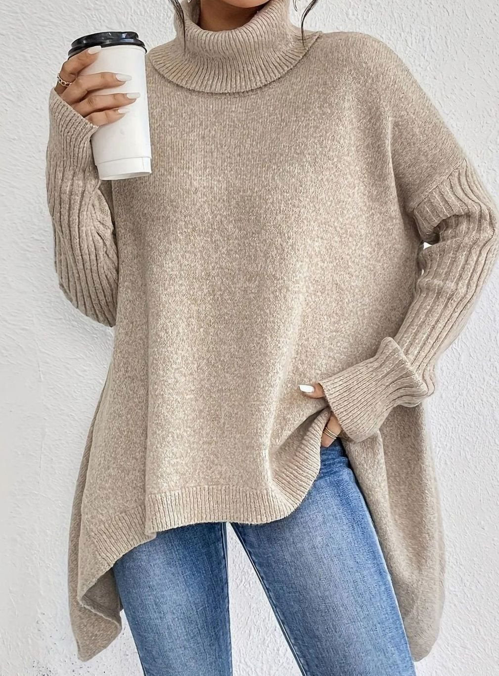Women's Chunky Ribbed Turtleneck Sweater with Slit Hem in Light Brown - view 4