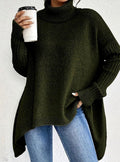 Women's Chunky Ribbed Turtleneck Sweater with Slit Hem in Dark Green - view 5
