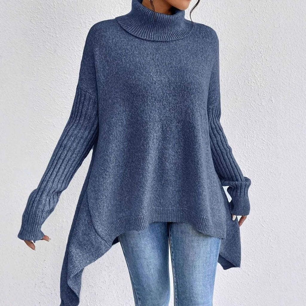 Women's Chunky Ribbed Turtleneck Sweater with Slit Hem in Gray - view 6