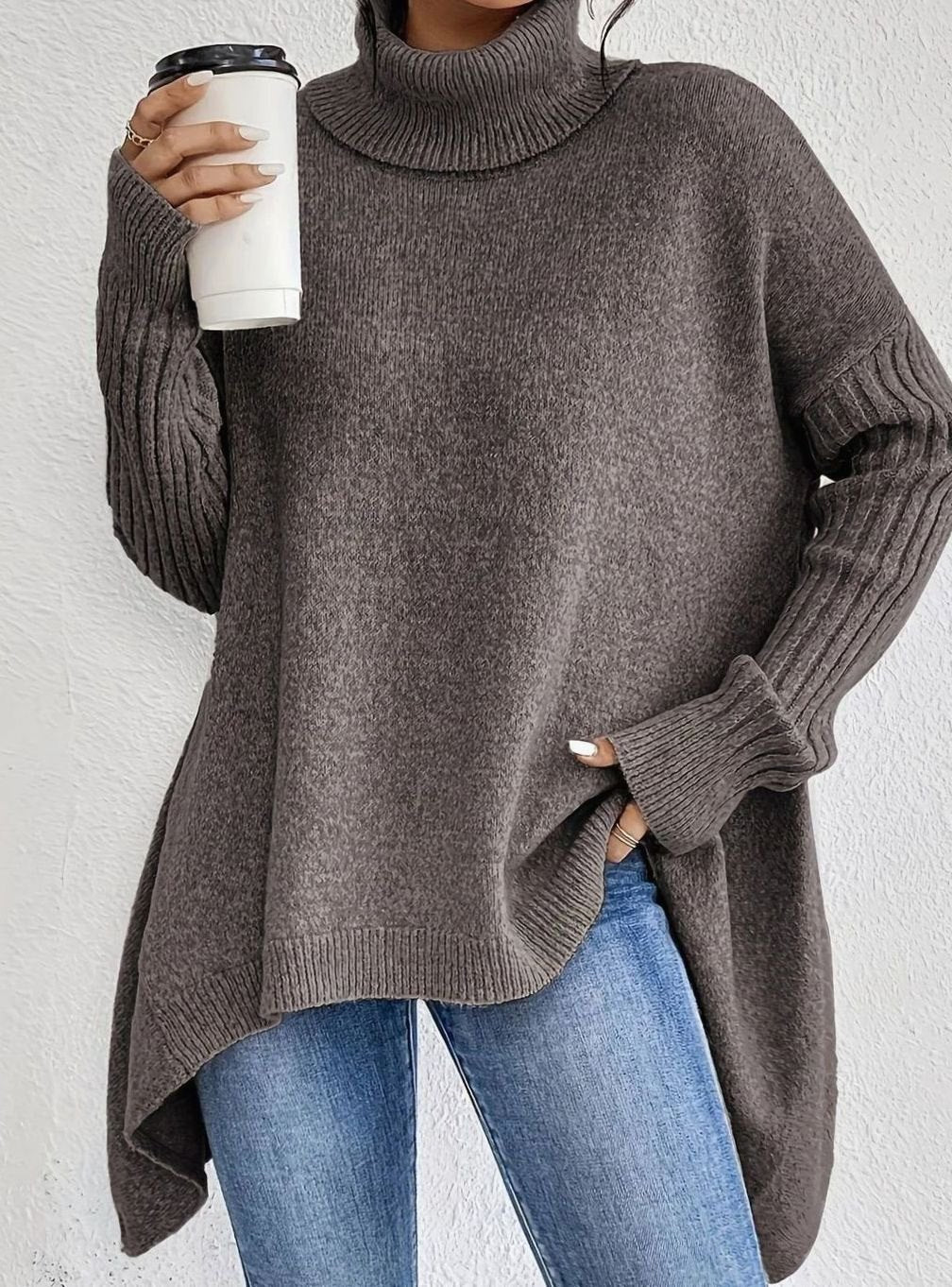 Women's Chunky Ribbed Turtleneck Sweater with Slit Hem in Apricot - view 7